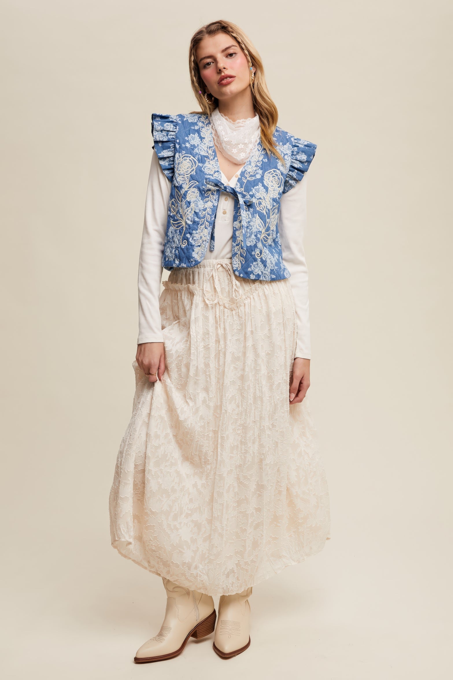 Floral Textured Maxi Skirt – Ecru