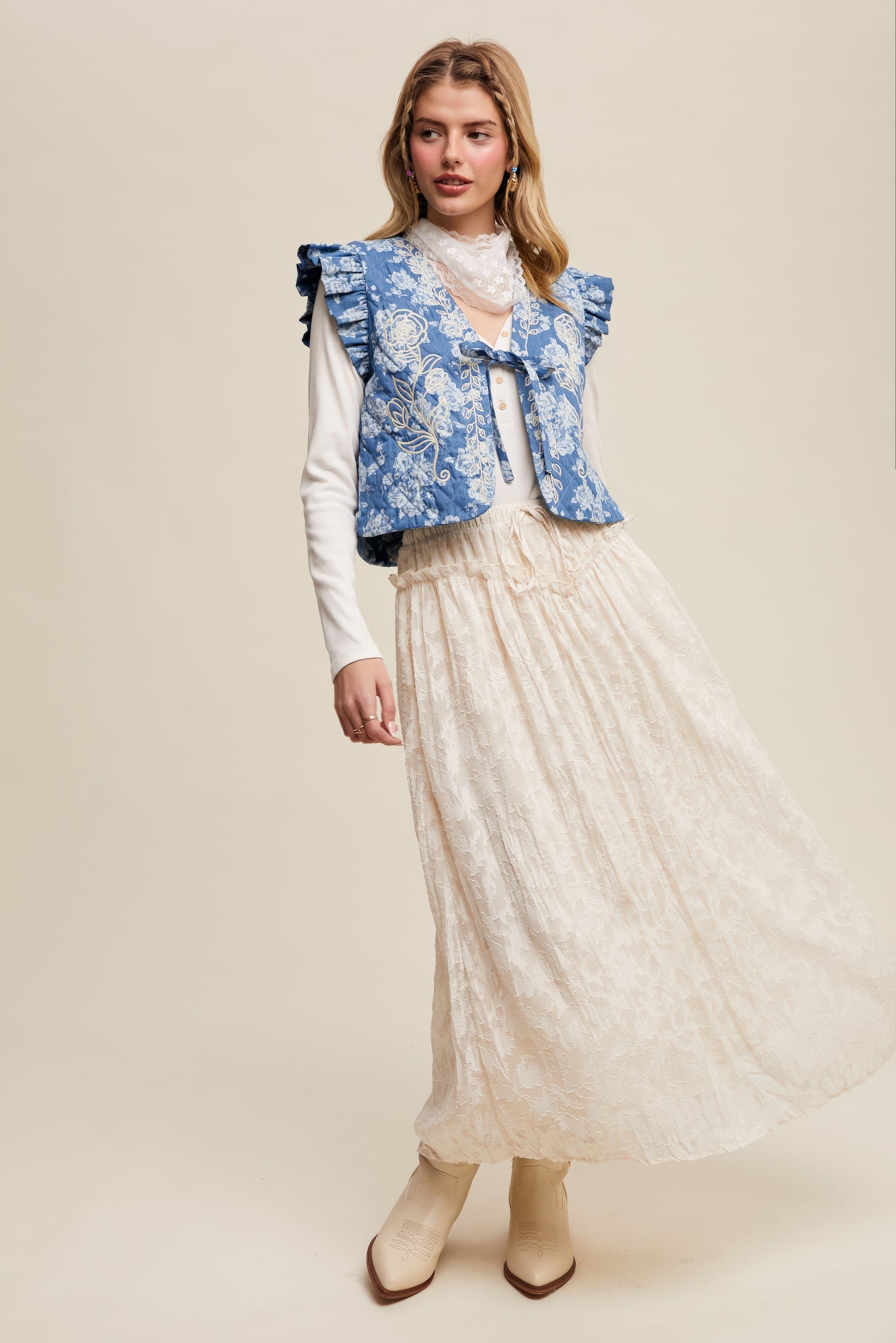 Floral Textured Maxi Skirt – Ecru