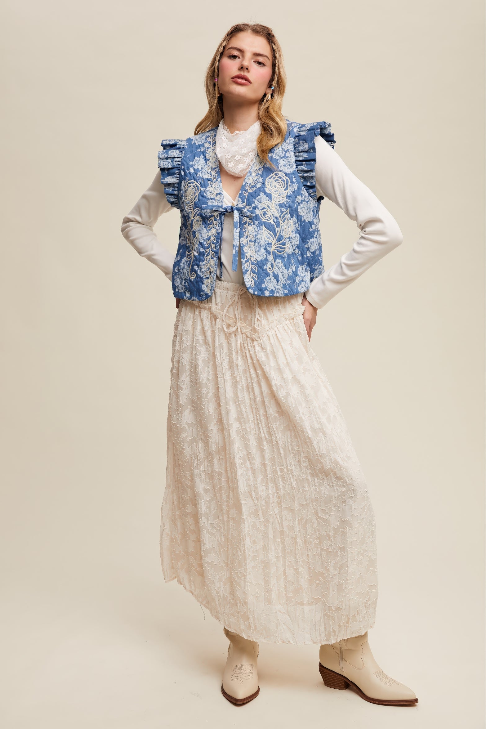 Floral Textured Maxi Skirt – Ecru