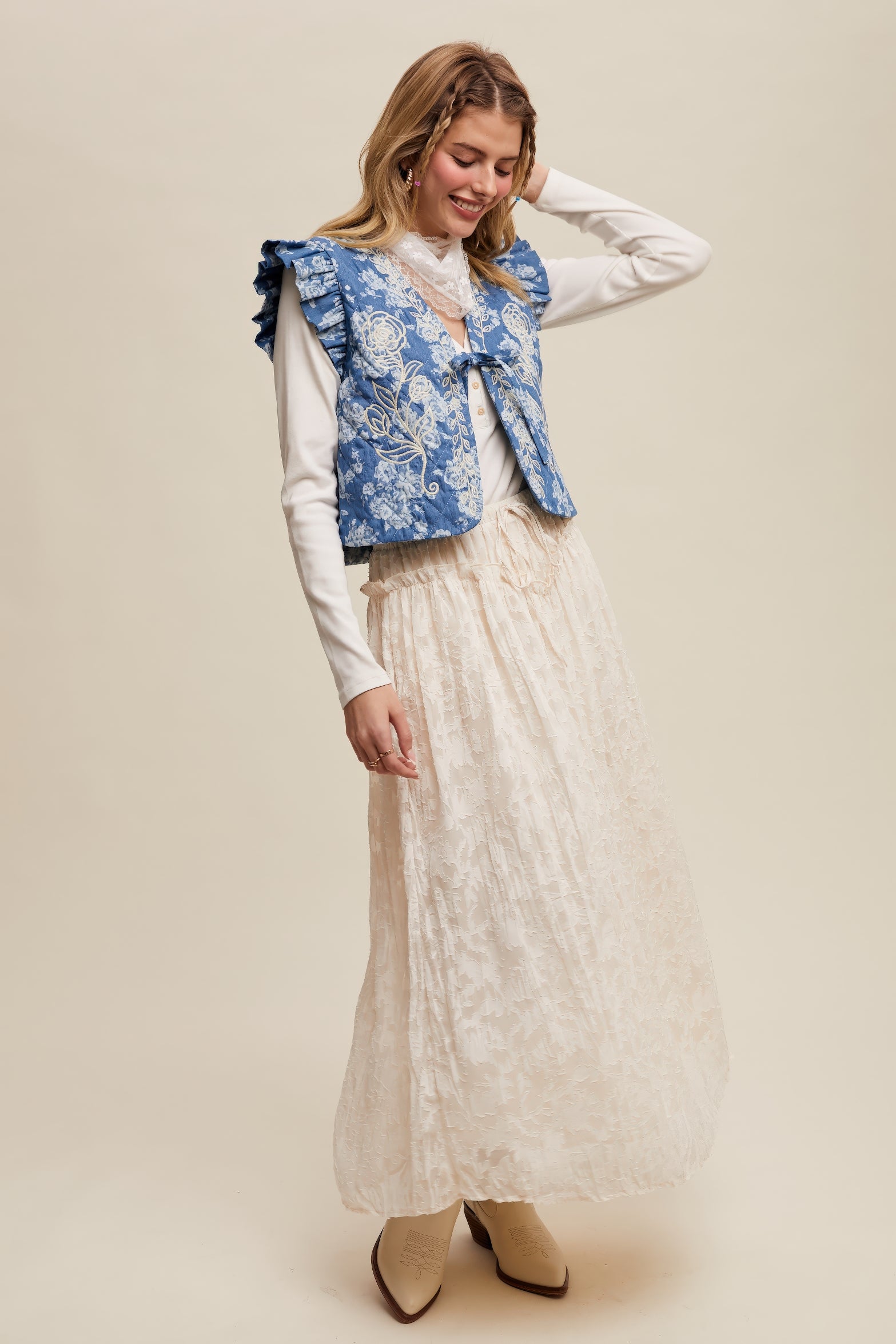 Floral Textured Maxi Skirt – Ecru