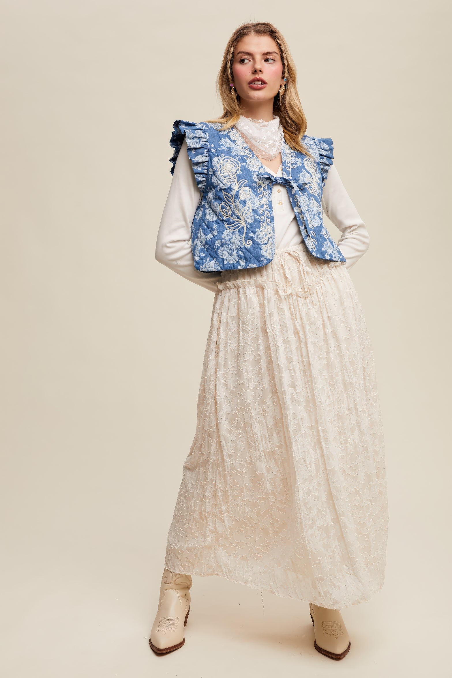 Floral Textured Maxi Skirt – Ecru