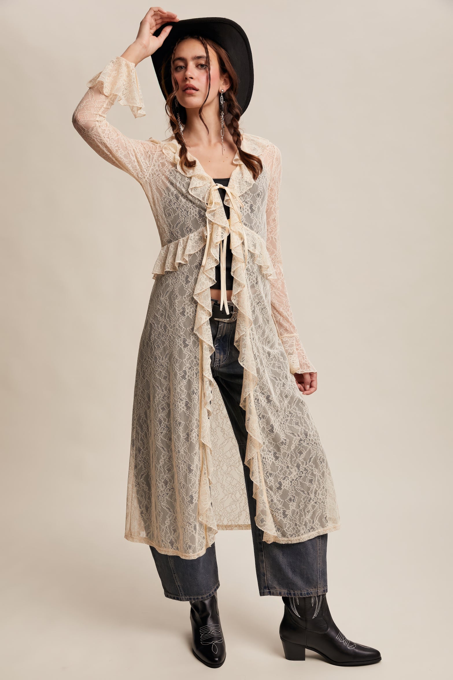 Sheer Lace Ruffle Duster – Ecru