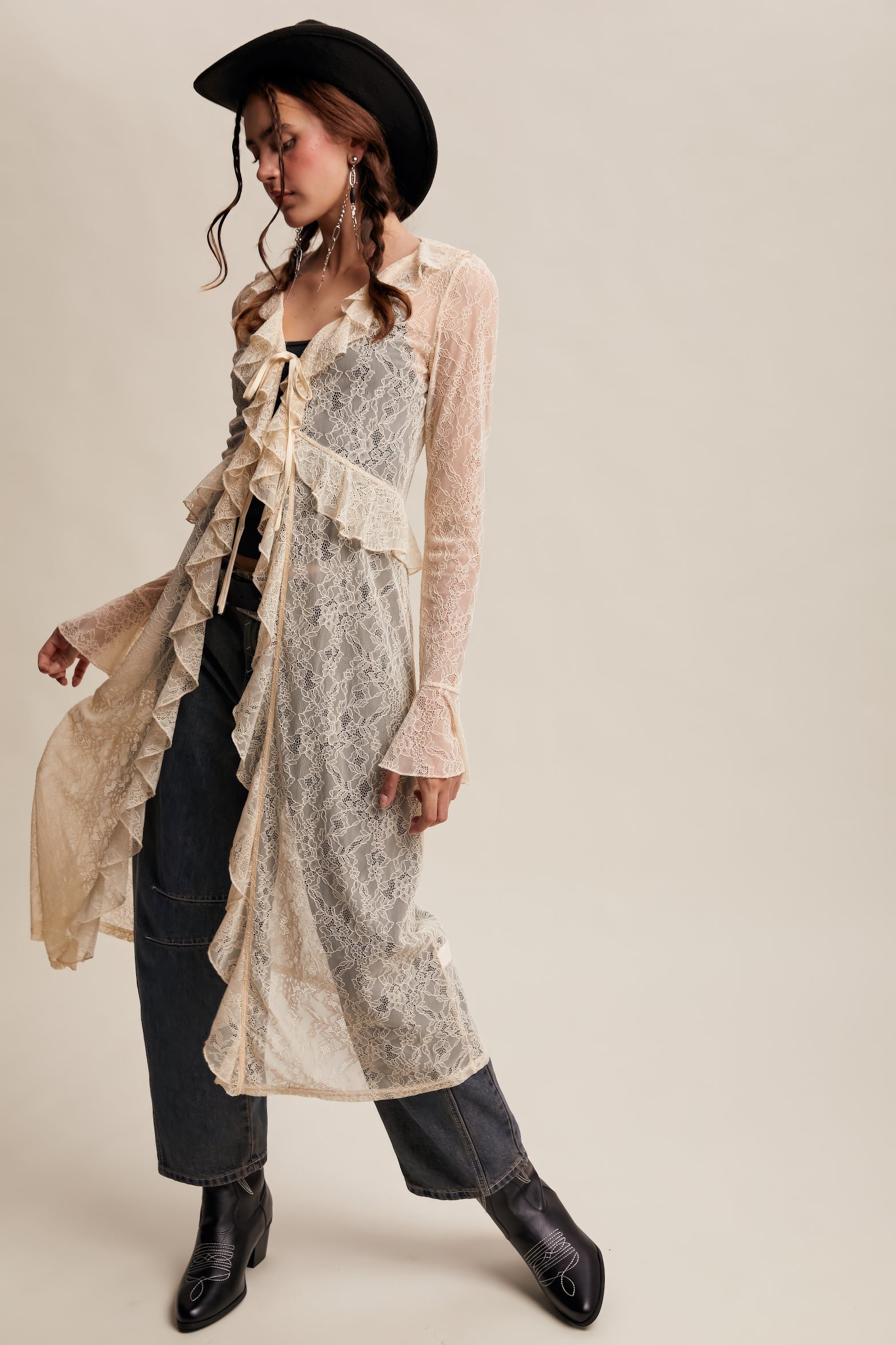Sheer Lace Ruffle Duster – Ecru