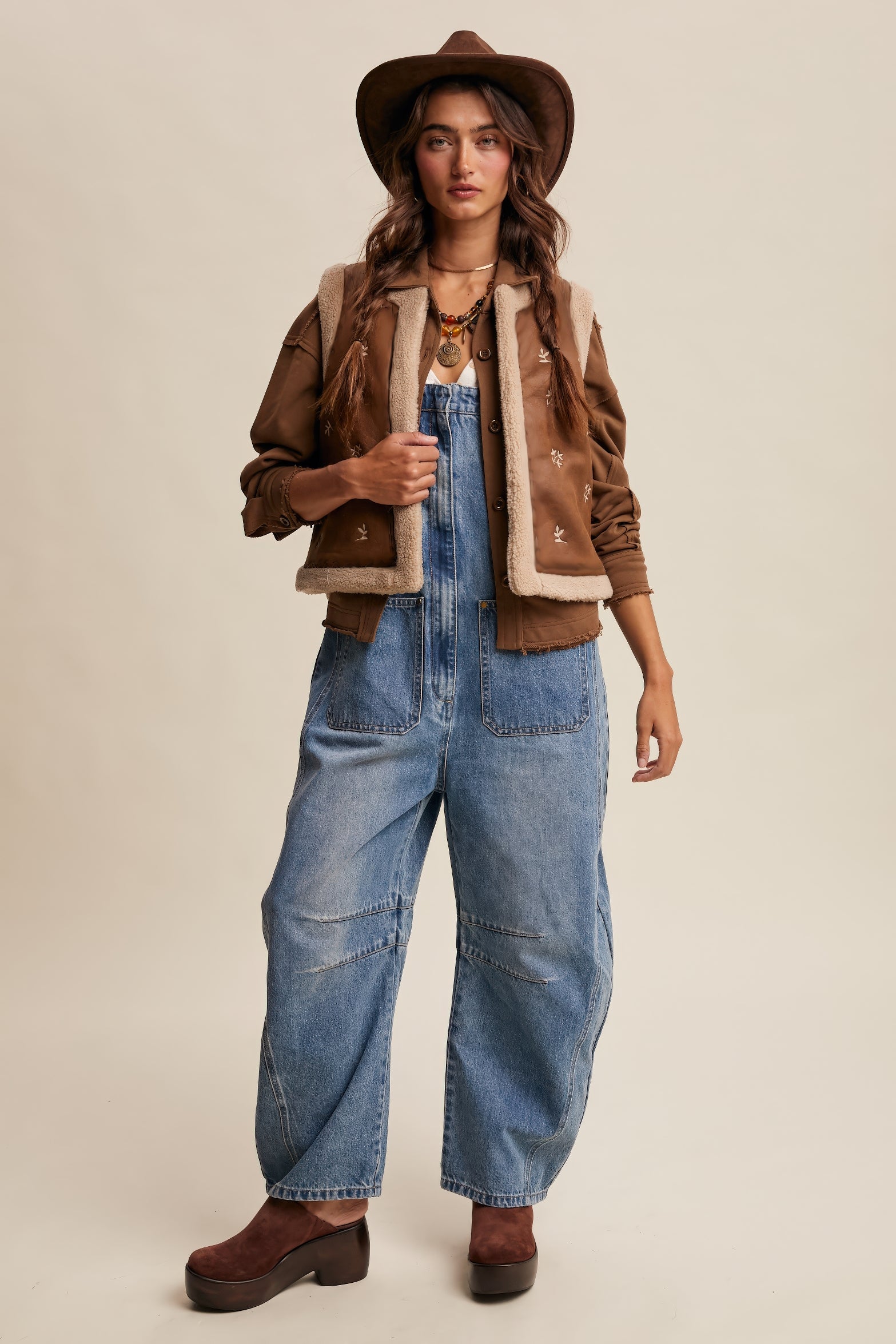 Embroidered Faux Suede Shearling Vest – Mocha