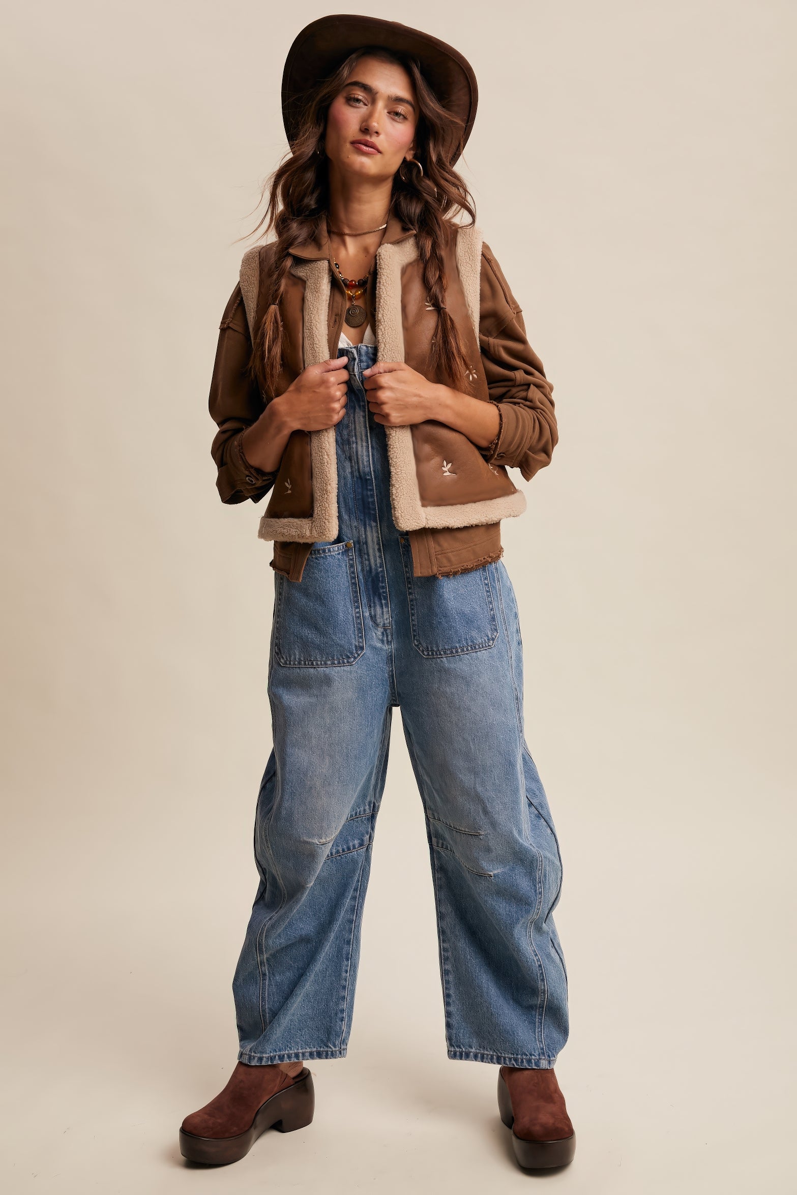 Embroidered Faux Suede Shearling Vest – Mocha