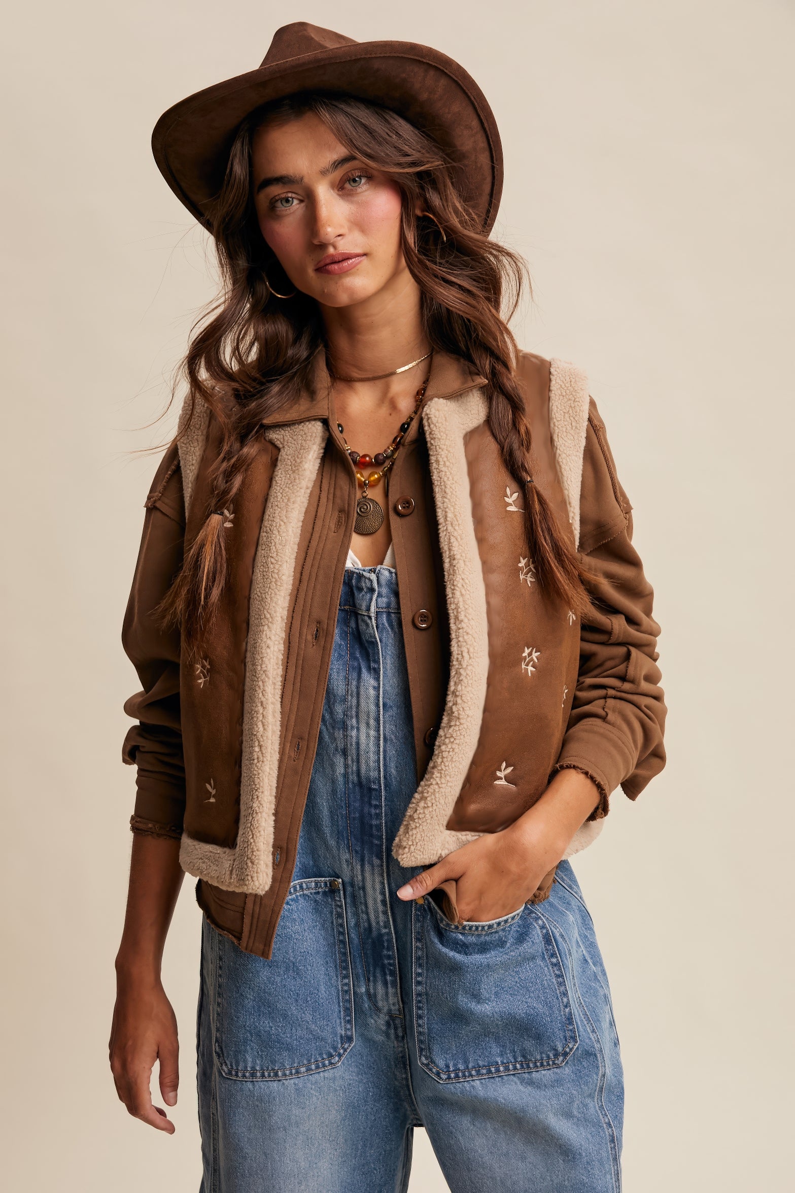 Embroidered Faux Suede Shearling Vest – Mocha