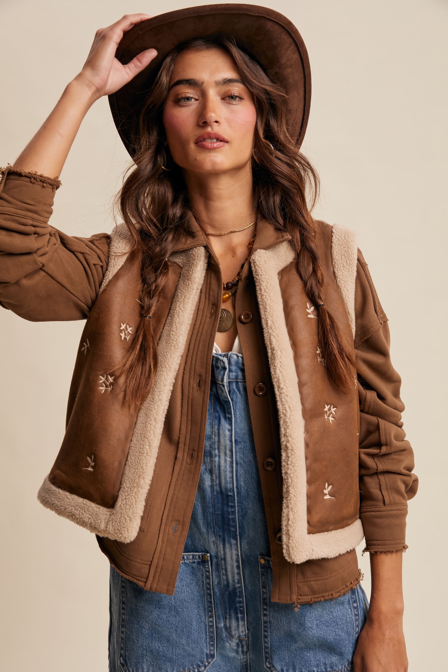 Embroidered Faux Suede Shearling Vest – Mocha