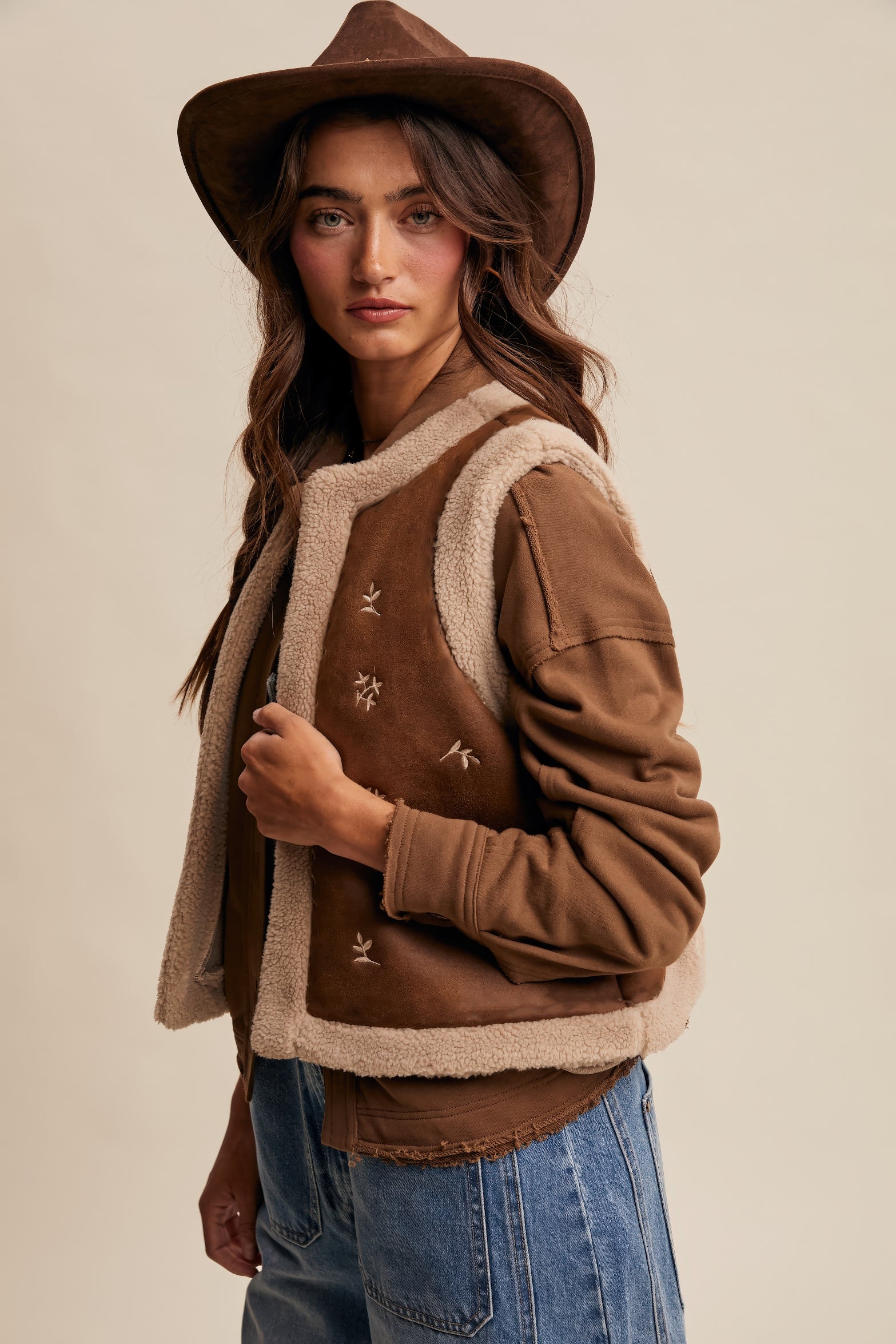Embroidered Faux Suede Shearling Vest – Mocha