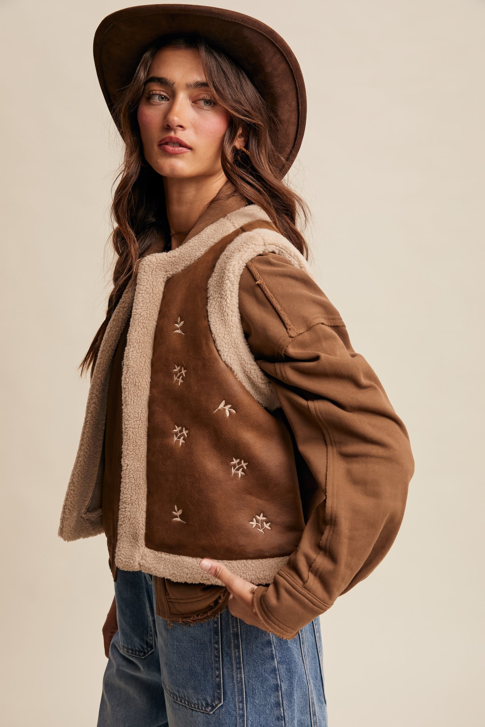 Embroidered Faux Suede Shearling Vest – Mocha