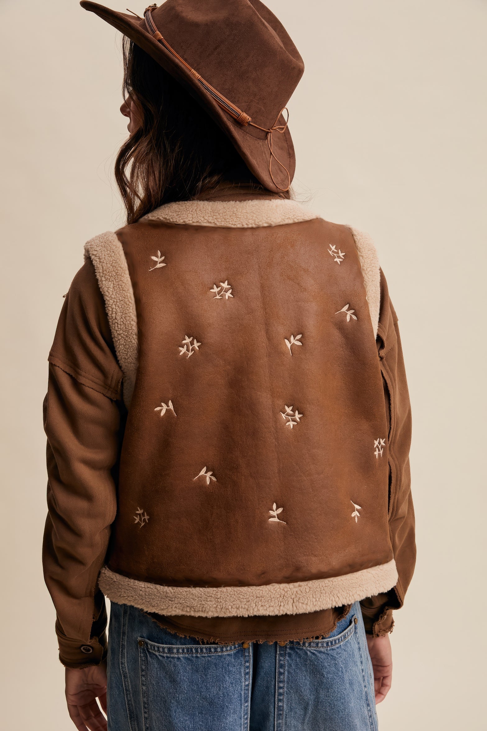 Embroidered Faux Suede Shearling Vest – Mocha