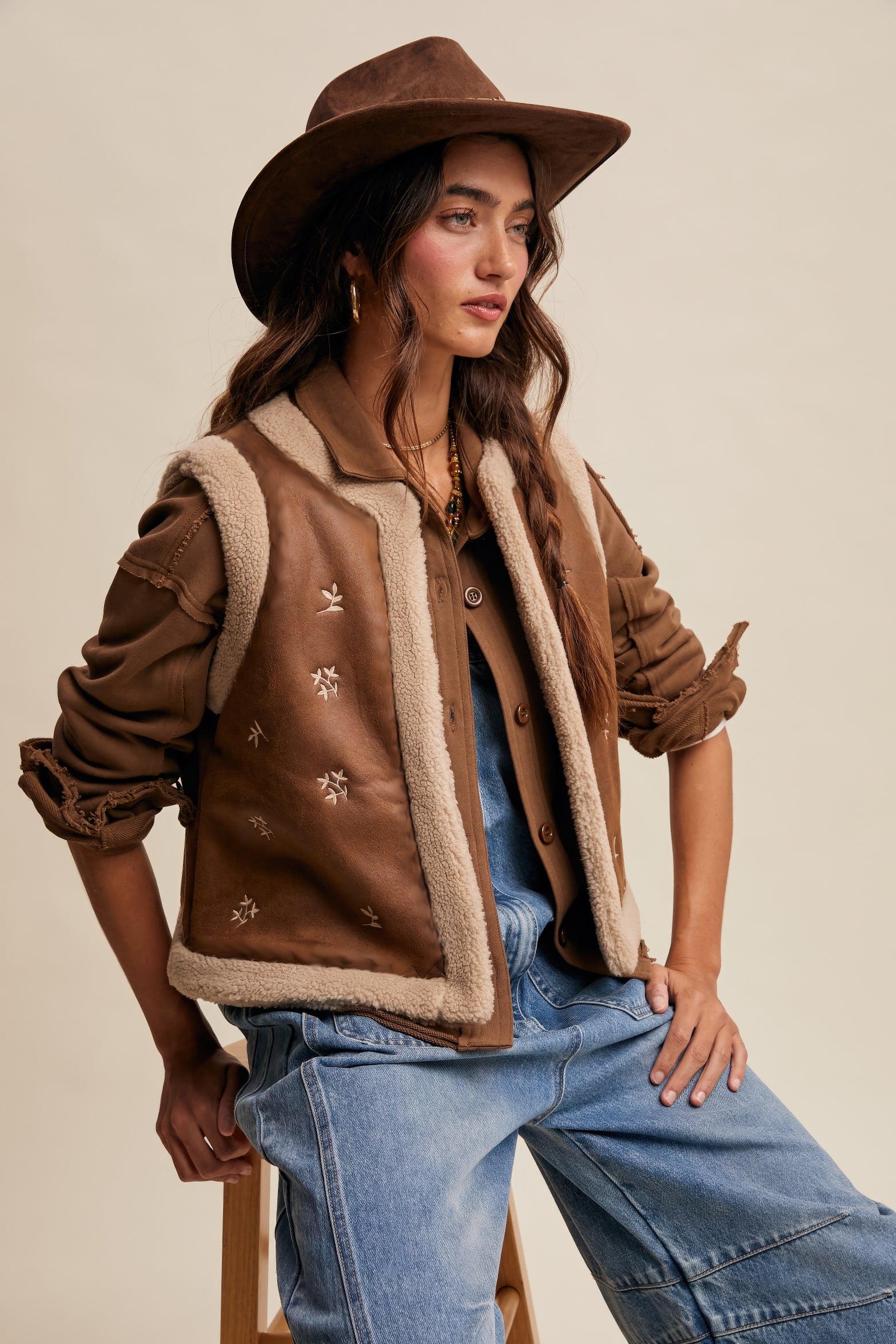 Embroidered Faux Suede Shearling Vest – Mocha