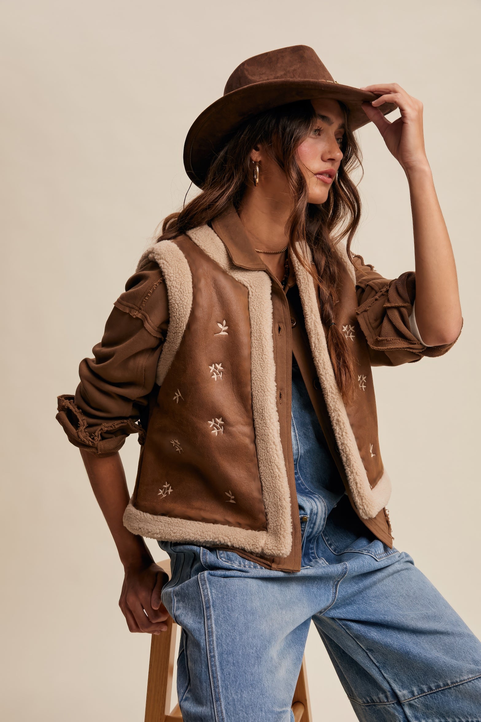 Embroidered Faux Suede Shearling Vest – Mocha