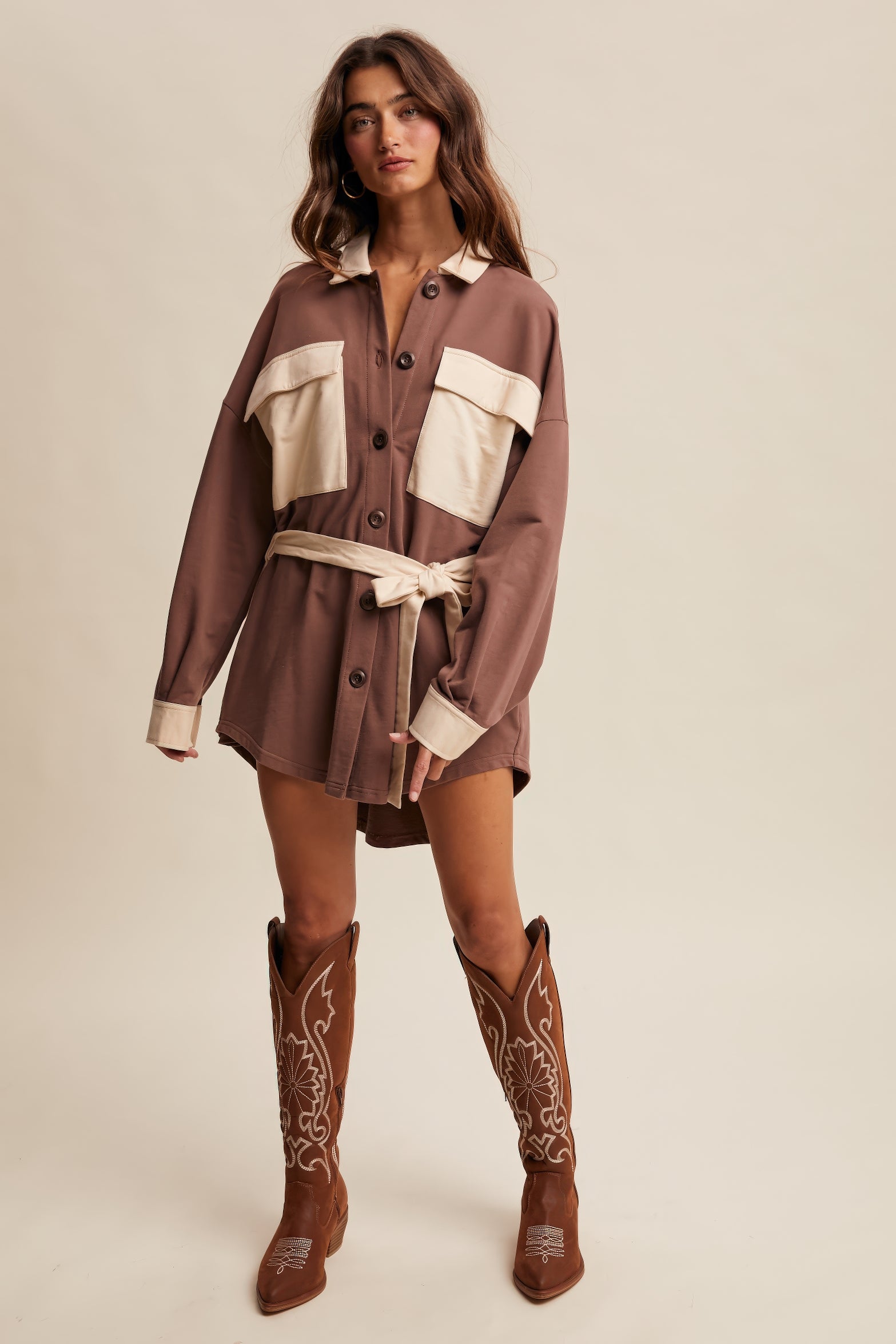 Contrast Belted Shirt Jacket Shacket – Chocolate