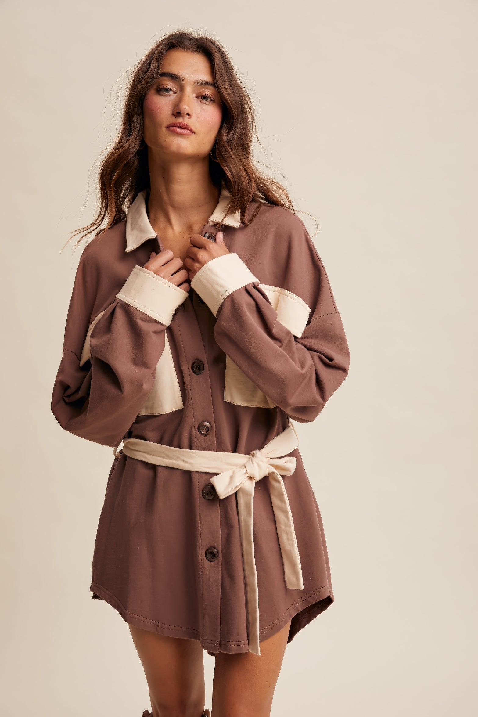 Contrast Belted Shirt Jacket Shacket – Chocolate