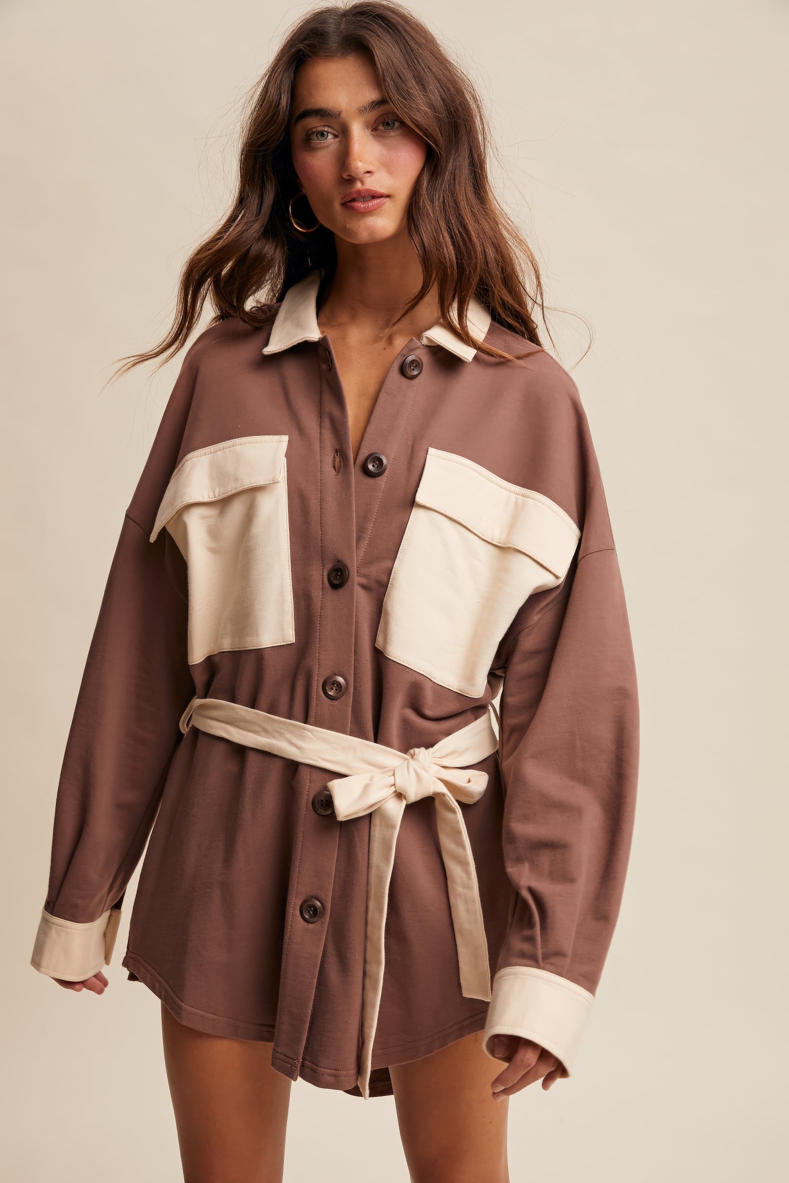 Contrast Belted Shirt Jacket Shacket – Chocolate