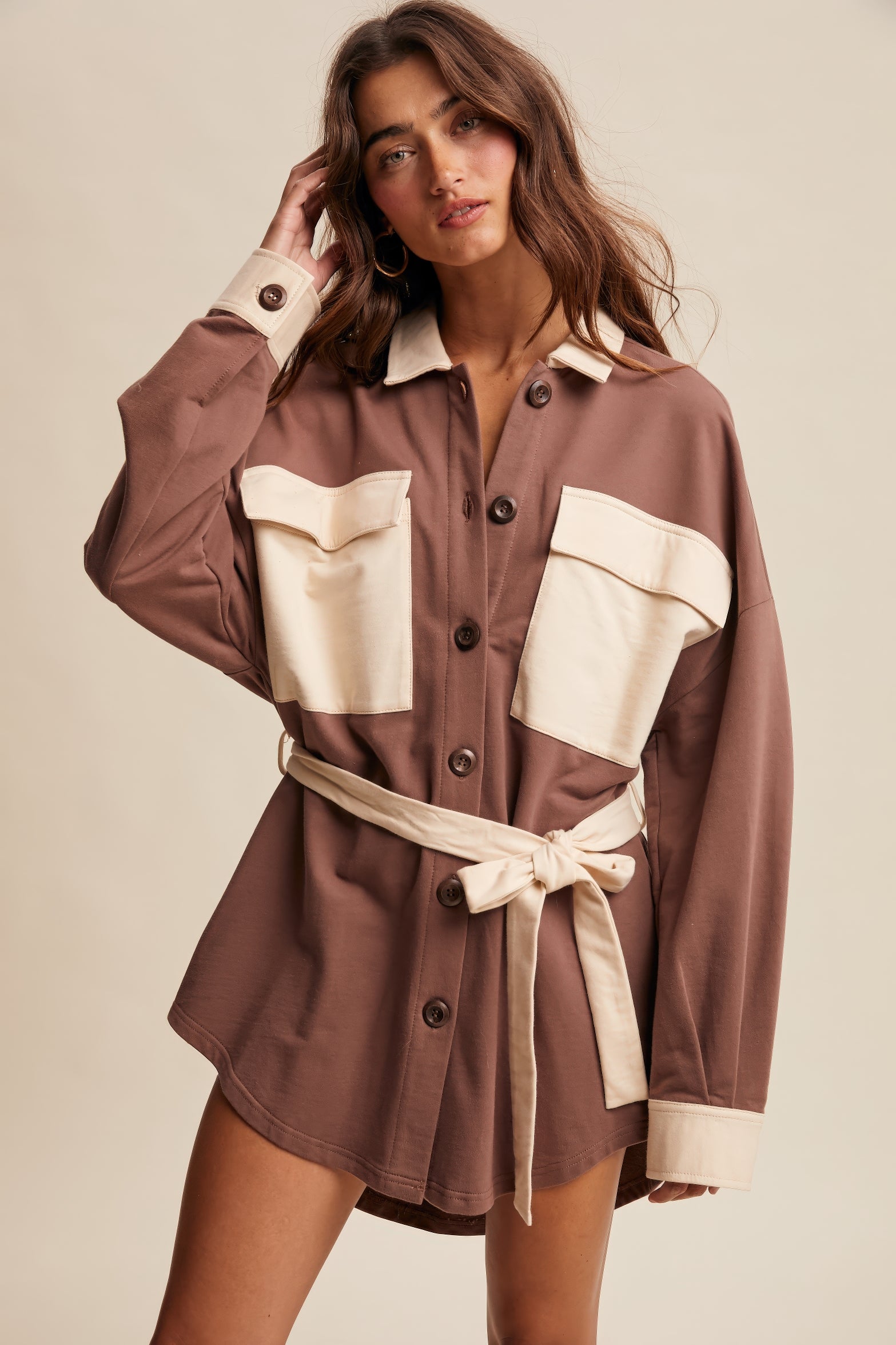 Contrast Belted Shirt Jacket Shacket – Chocolate