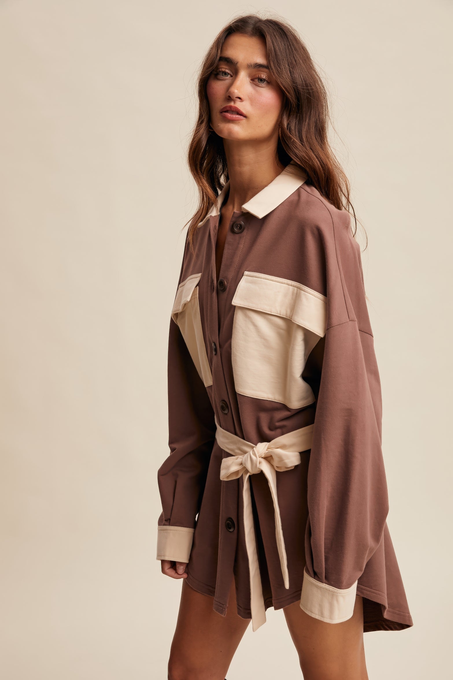 Contrast Belted Shirt Jacket Shacket – Chocolate