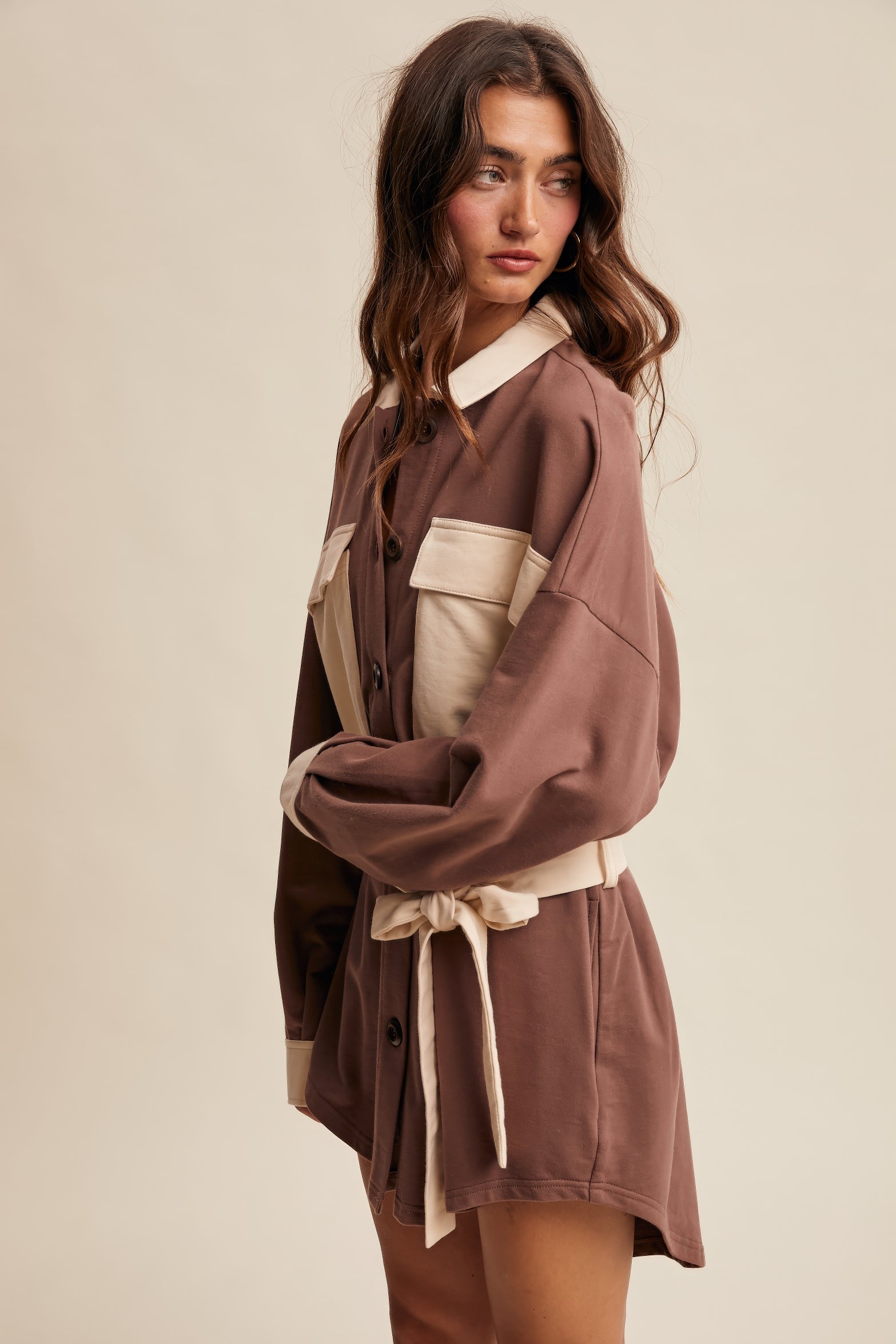 Contrast Belted Shirt Jacket Shacket – Chocolate