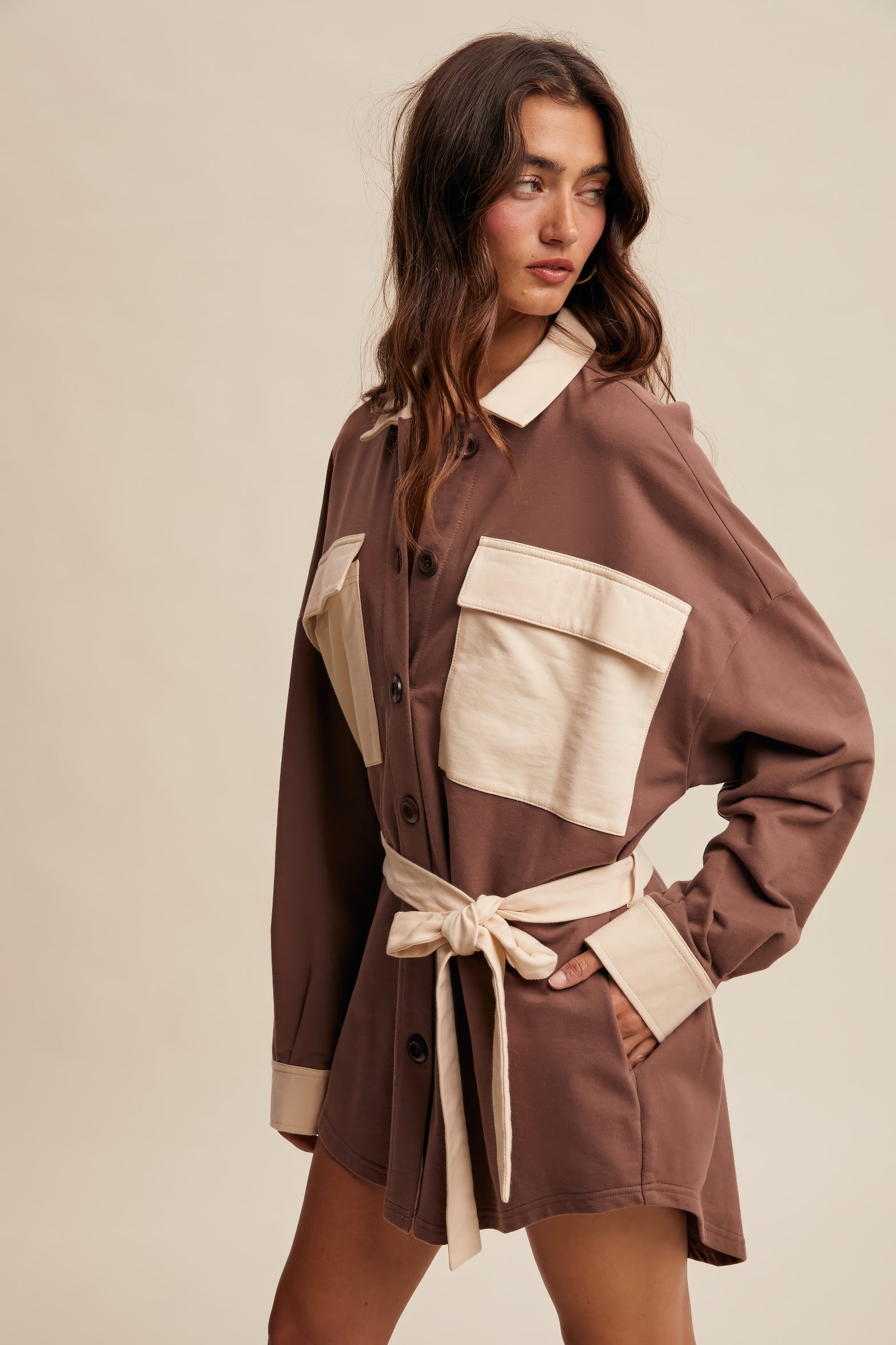 Contrast Belted Shirt Jacket Shacket – Chocolate