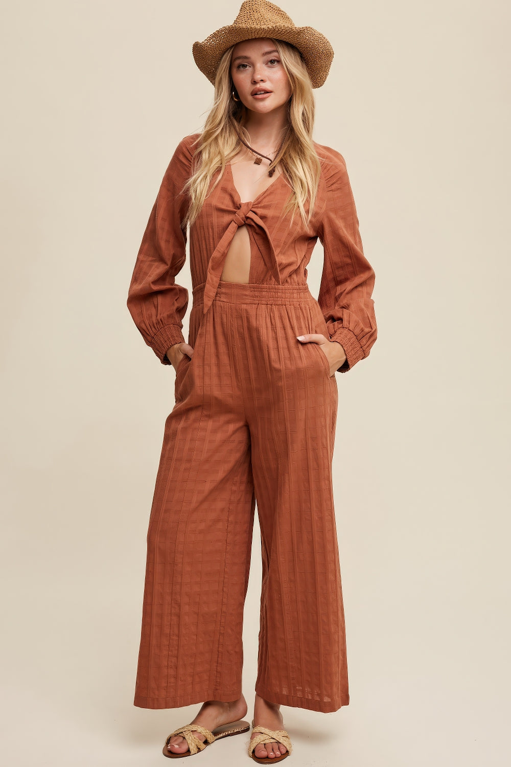 Front Cut Out Long Sleeves Jumpsuit – Brick