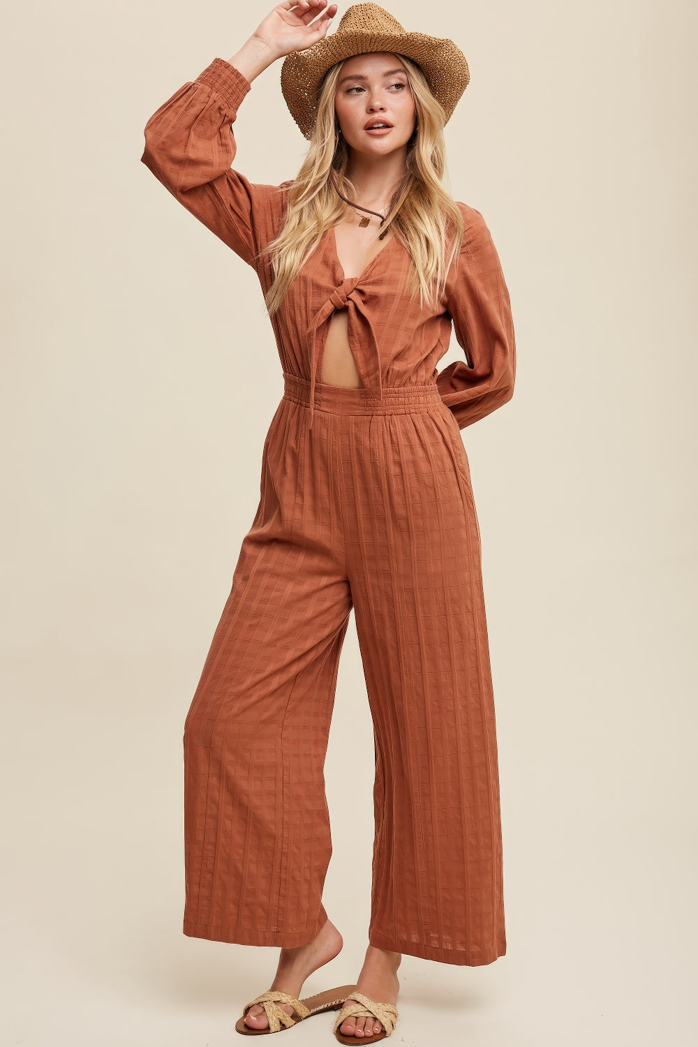Front Cut Out Long Sleeves Jumpsuit – Brick