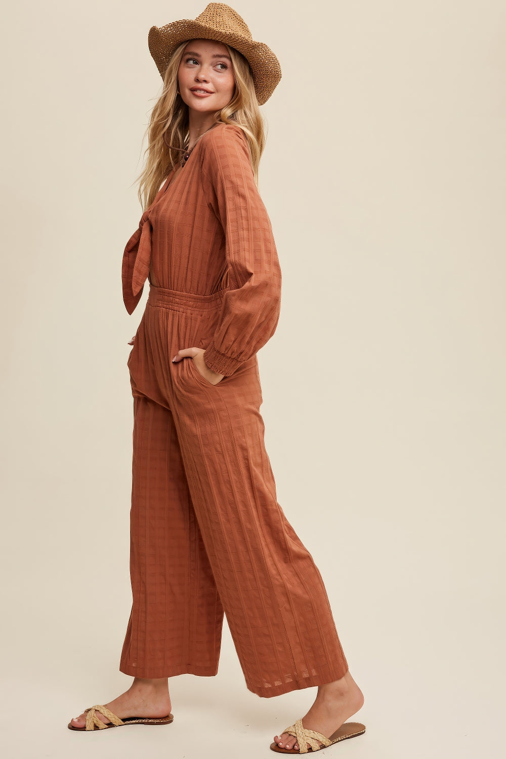 Front Cut Out Long Sleeves Jumpsuit – Brick