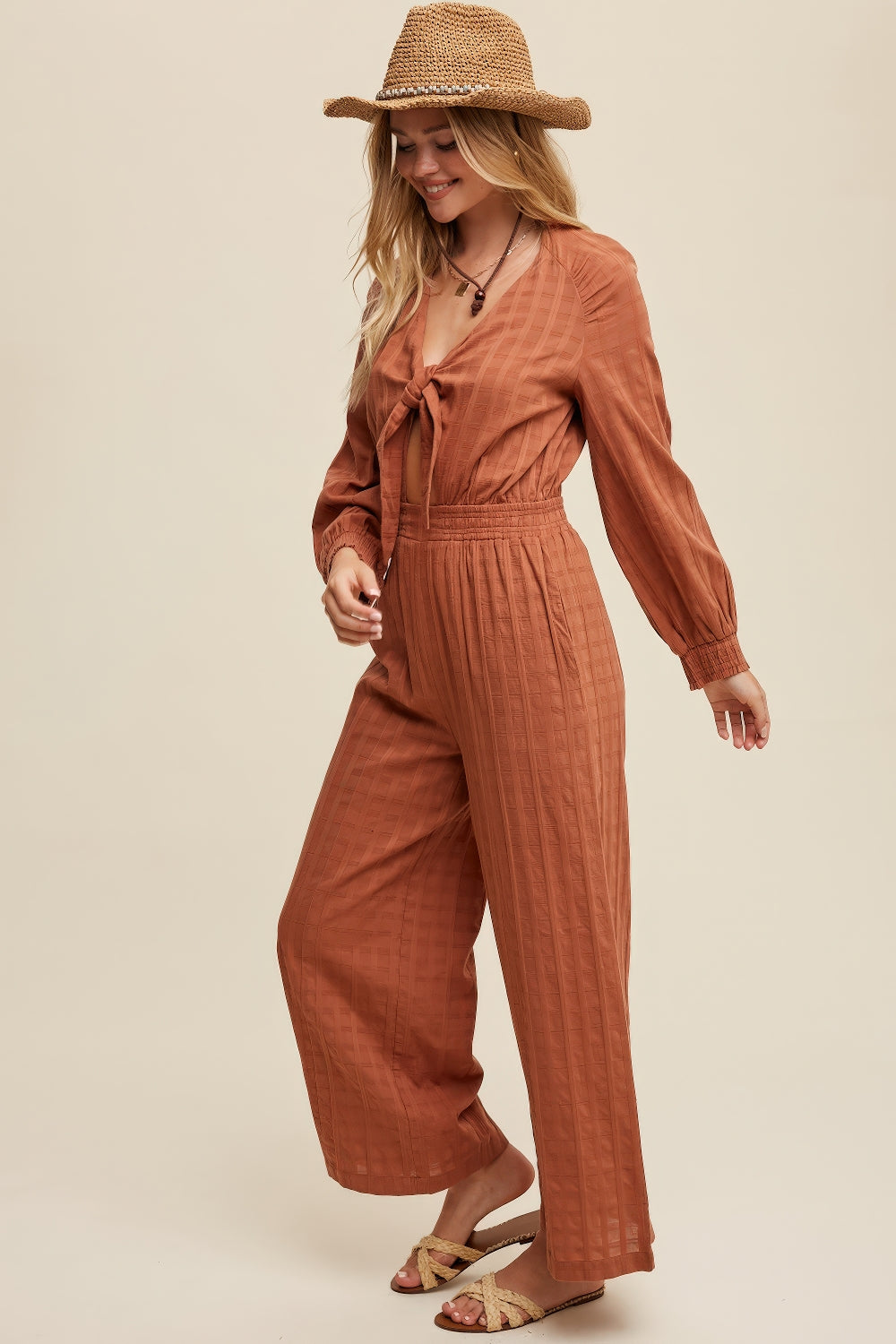 Front Cut Out Long Sleeves Jumpsuit – Brick