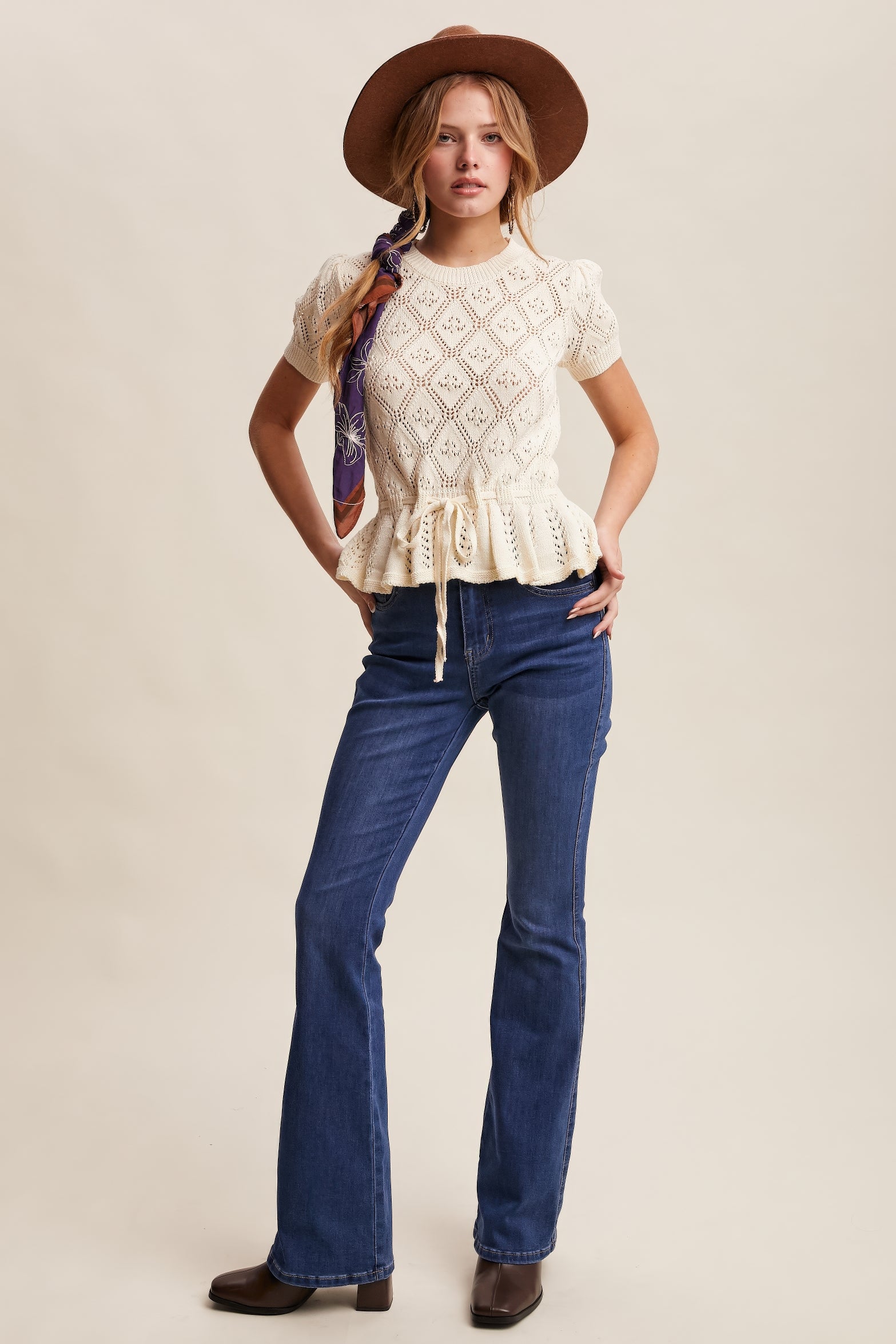 Pointelle Knit Peplum Top – Cream