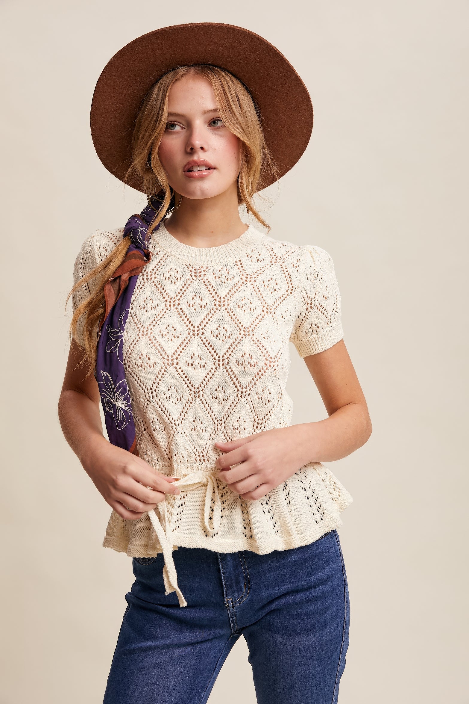 Pointelle Knit Peplum Top – Cream