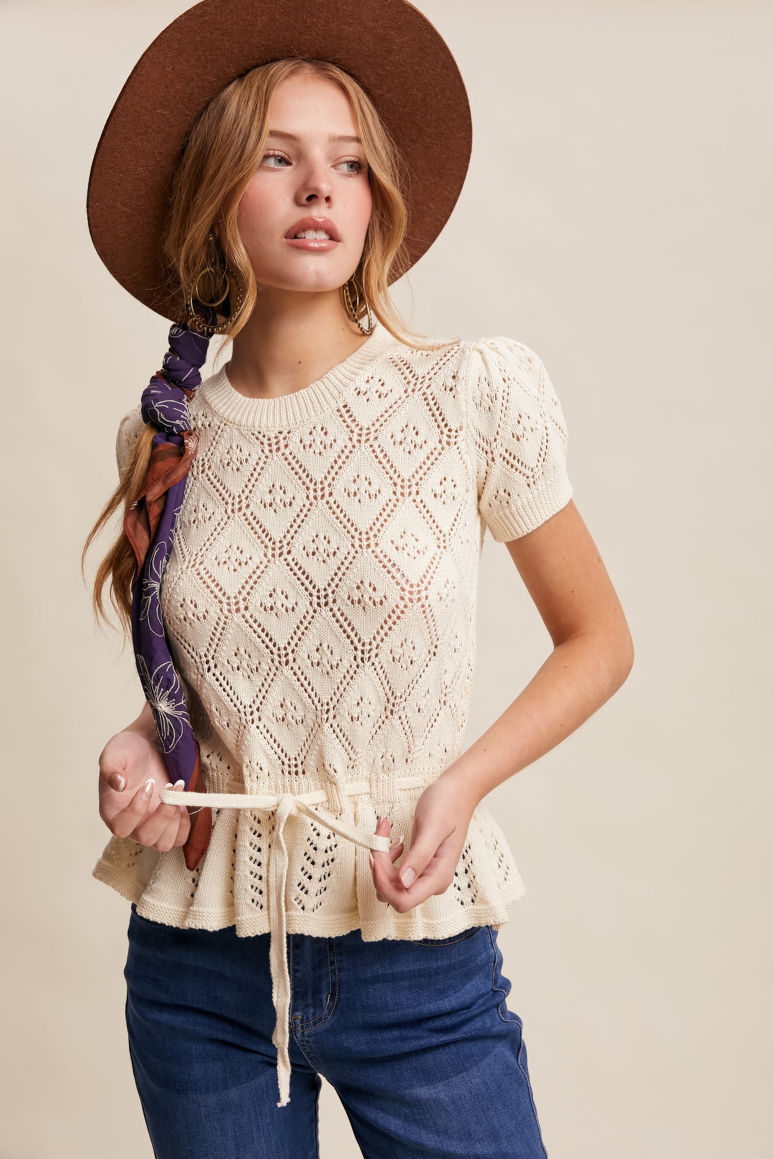 Pointelle Knit Peplum Top – Cream