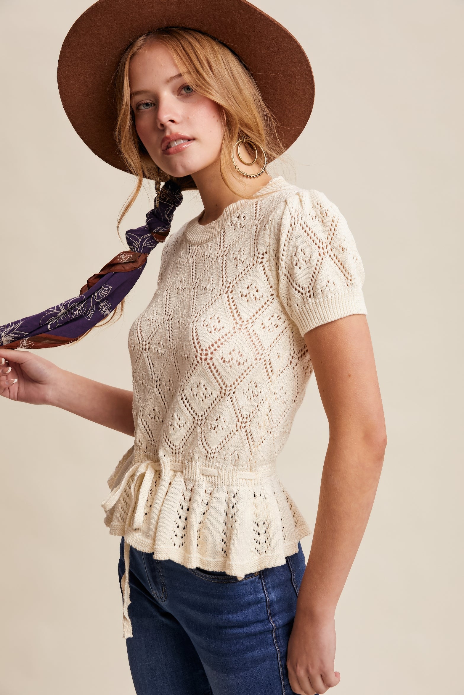 Pointelle Knit Peplum Top – Cream