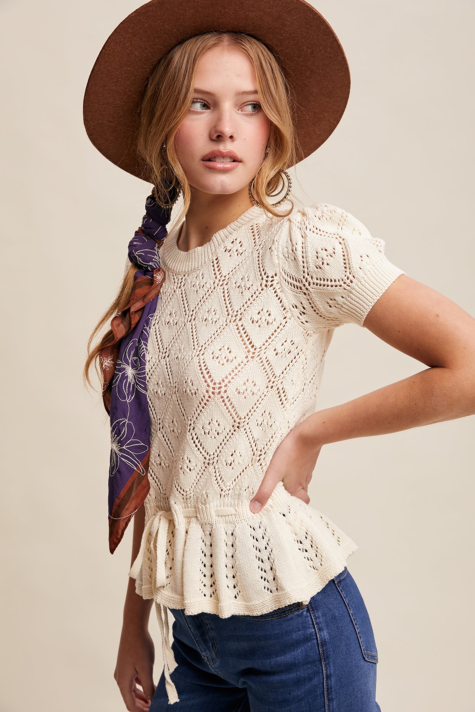 Pointelle Knit Peplum Top – Cream