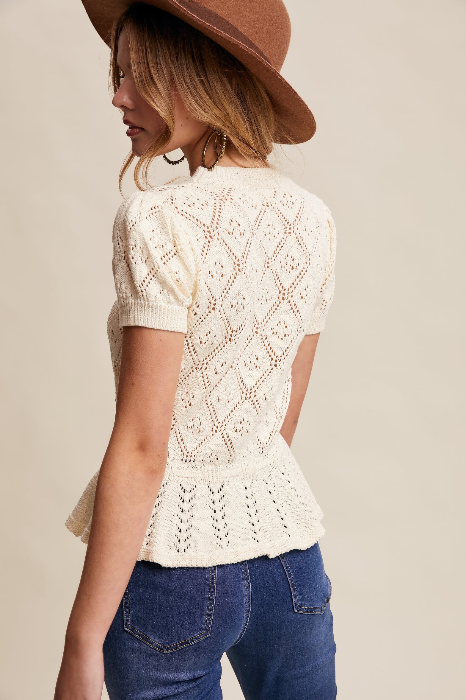 Pointelle Knit Peplum Top – Cream