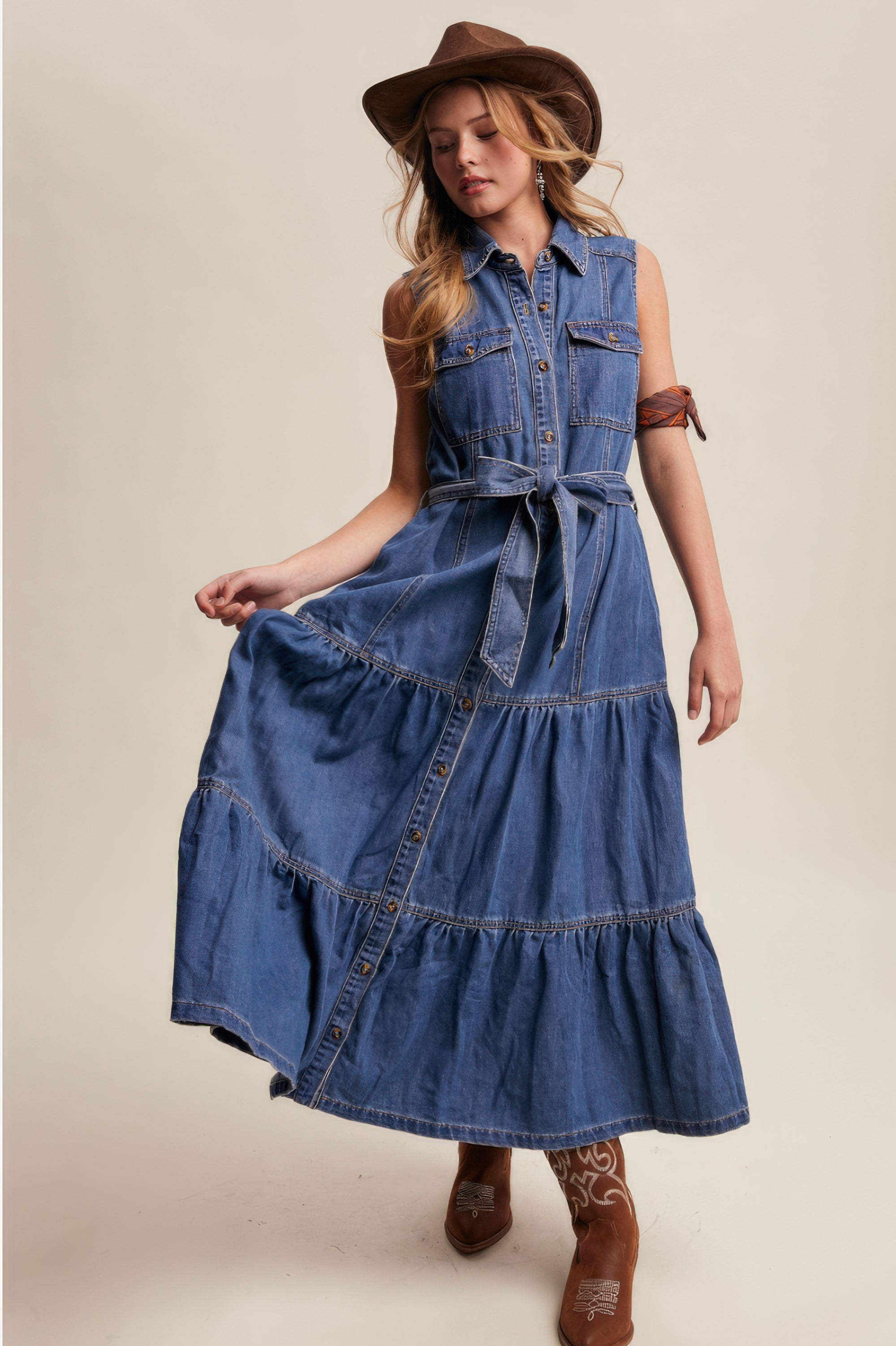 Tiered Denim Maxi Dress – Washed Cobalt Western Chic