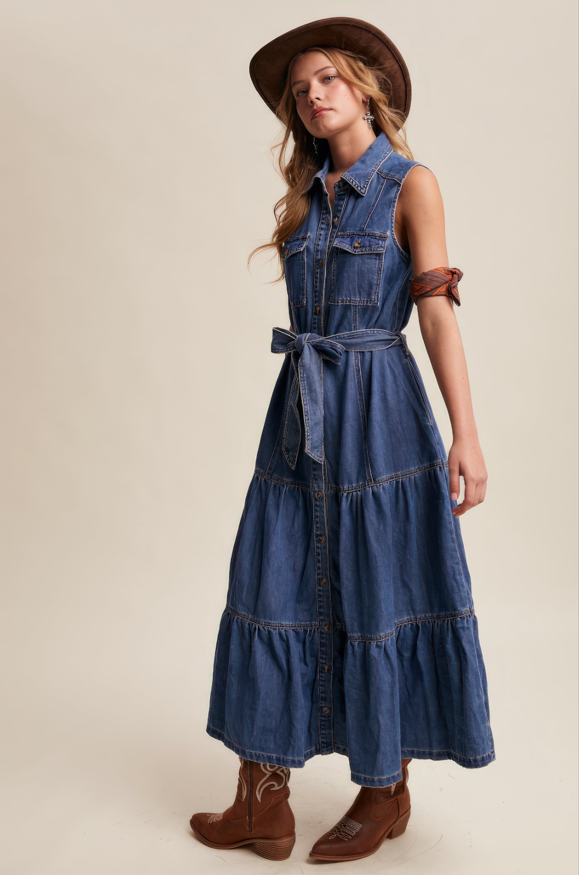 Tiered Denim Maxi Dress – Washed Cobalt Western Chic