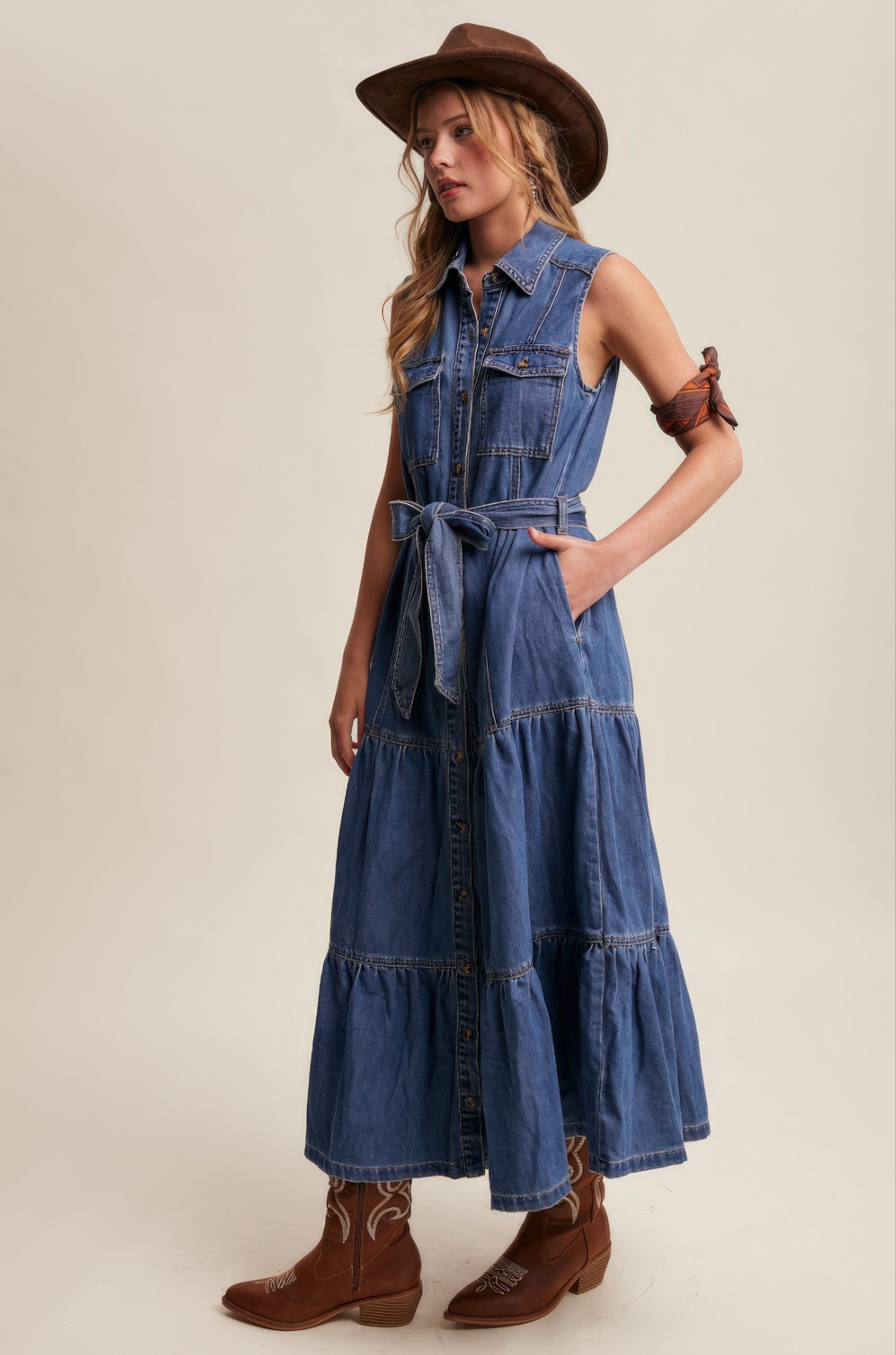 Tiered Denim Maxi Dress – Washed Cobalt Western Chic