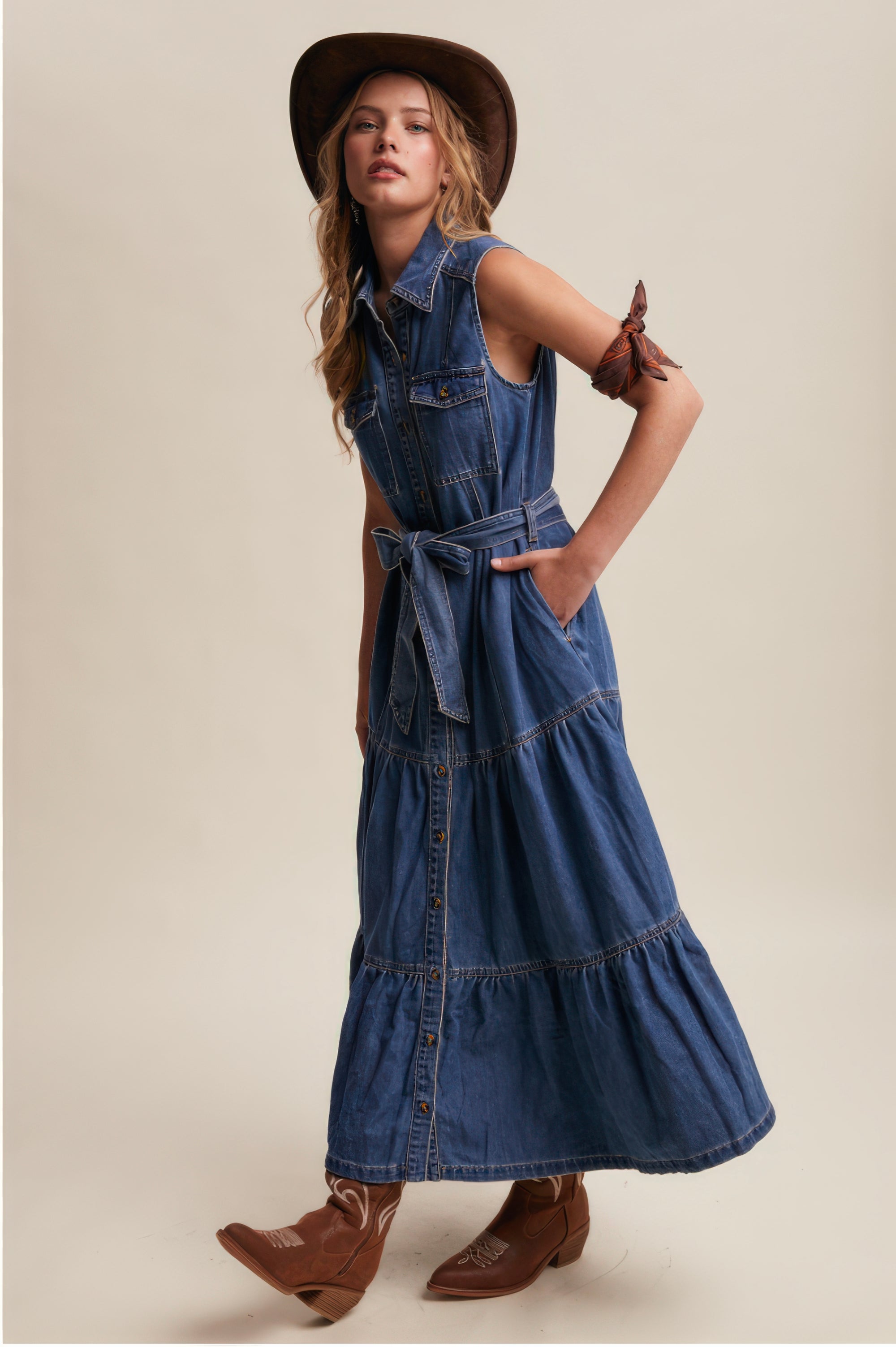 Tiered Denim Maxi Dress – Washed Cobalt Western Chic