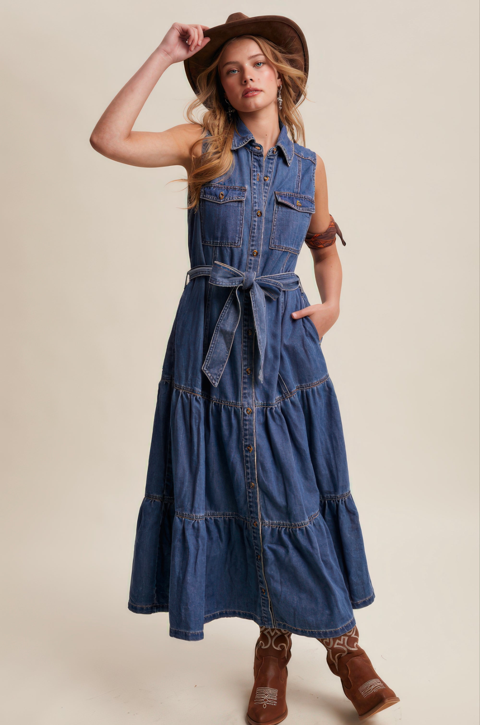 Tiered Denim Maxi Dress – Washed Cobalt Western Chic