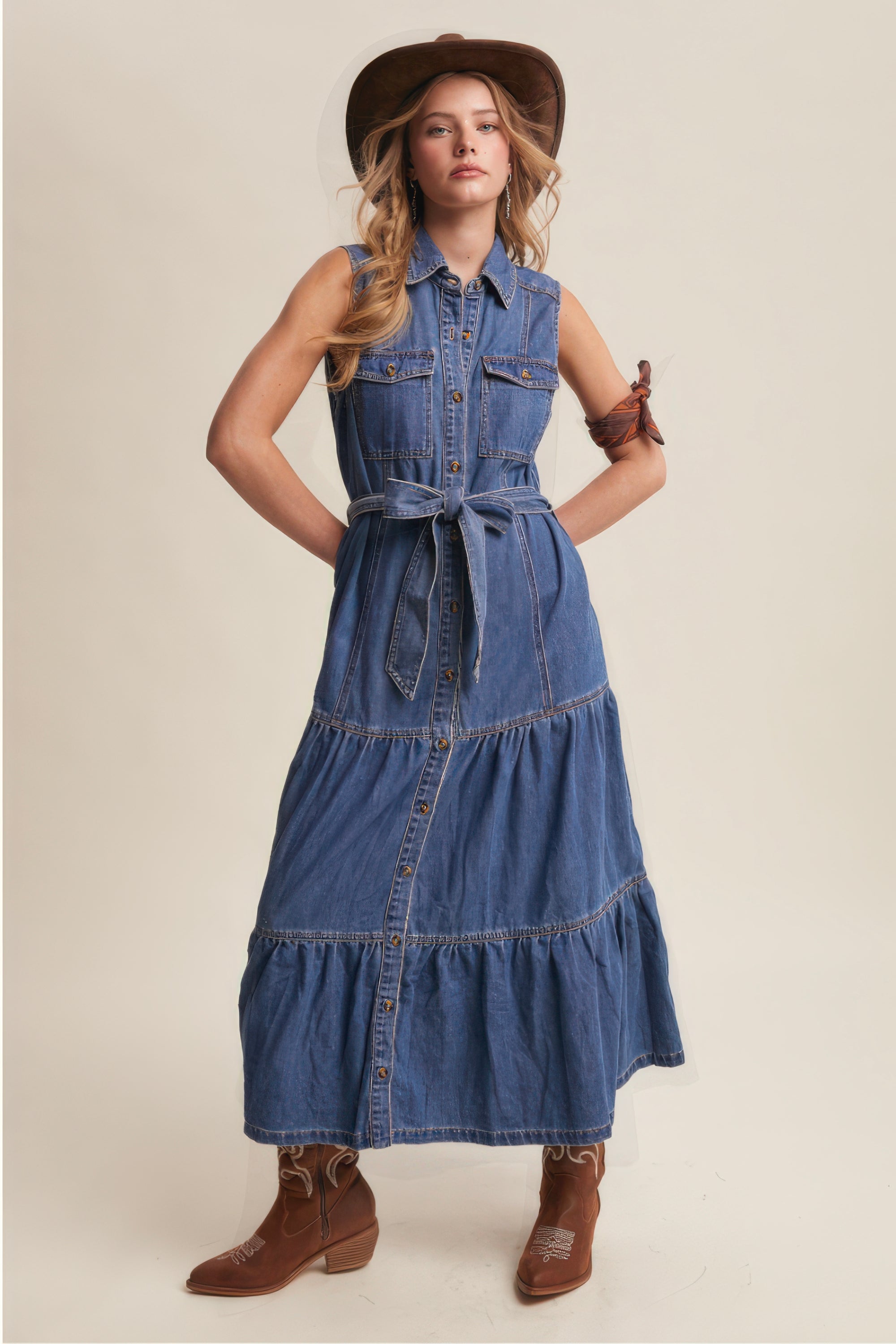Tiered Denim Maxi Dress – Washed Cobalt Western Chic