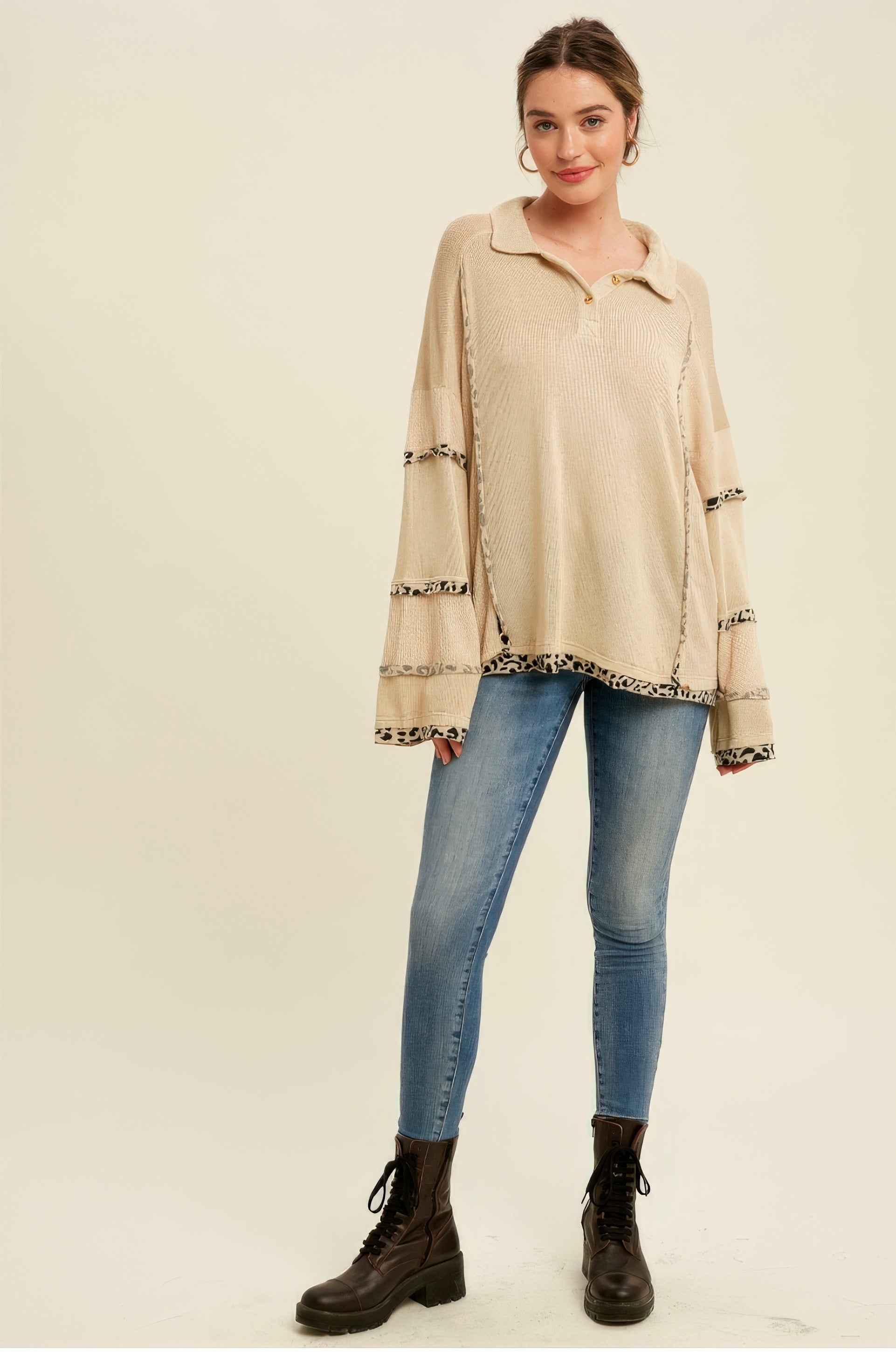 Leopard Trim Collared Thermal Top – Beige