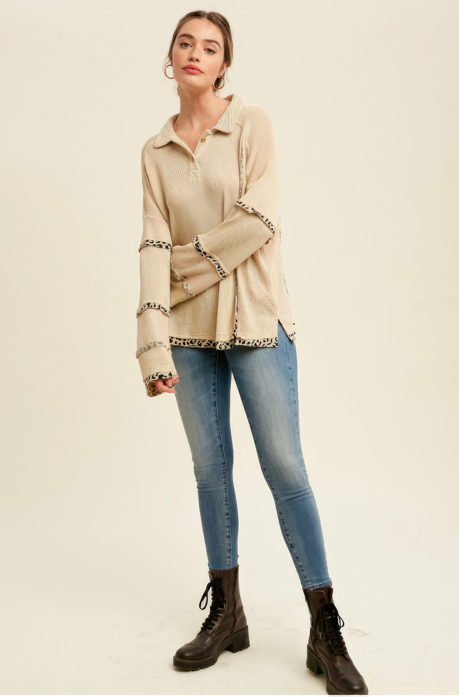 Leopard Trim Collared Thermal Top – Beige