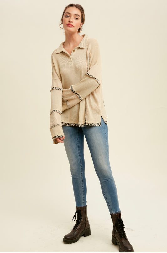 Leopard Trim Collared Thermal Top – Beige