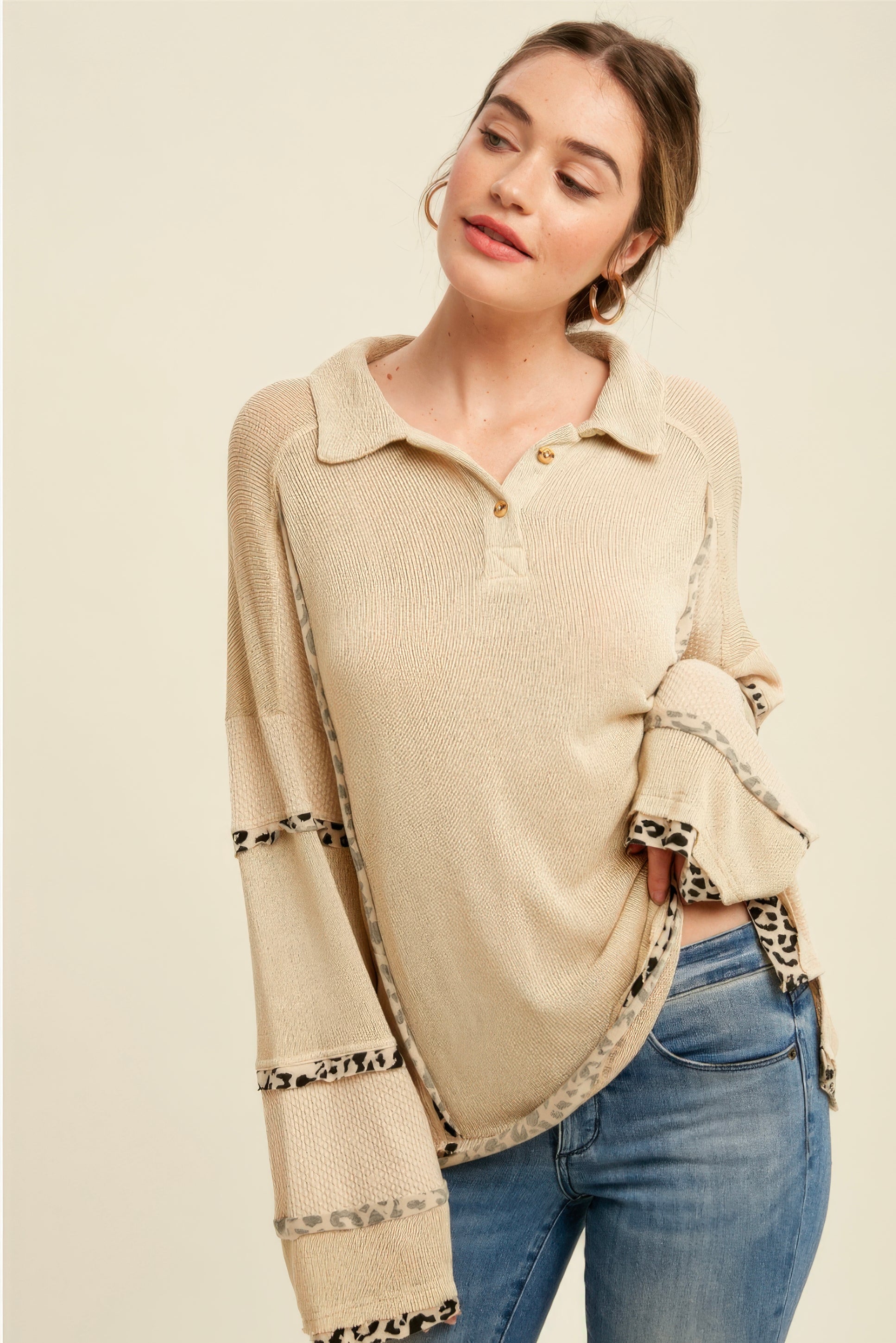 Leopard Trim Collared Thermal Top – Beige