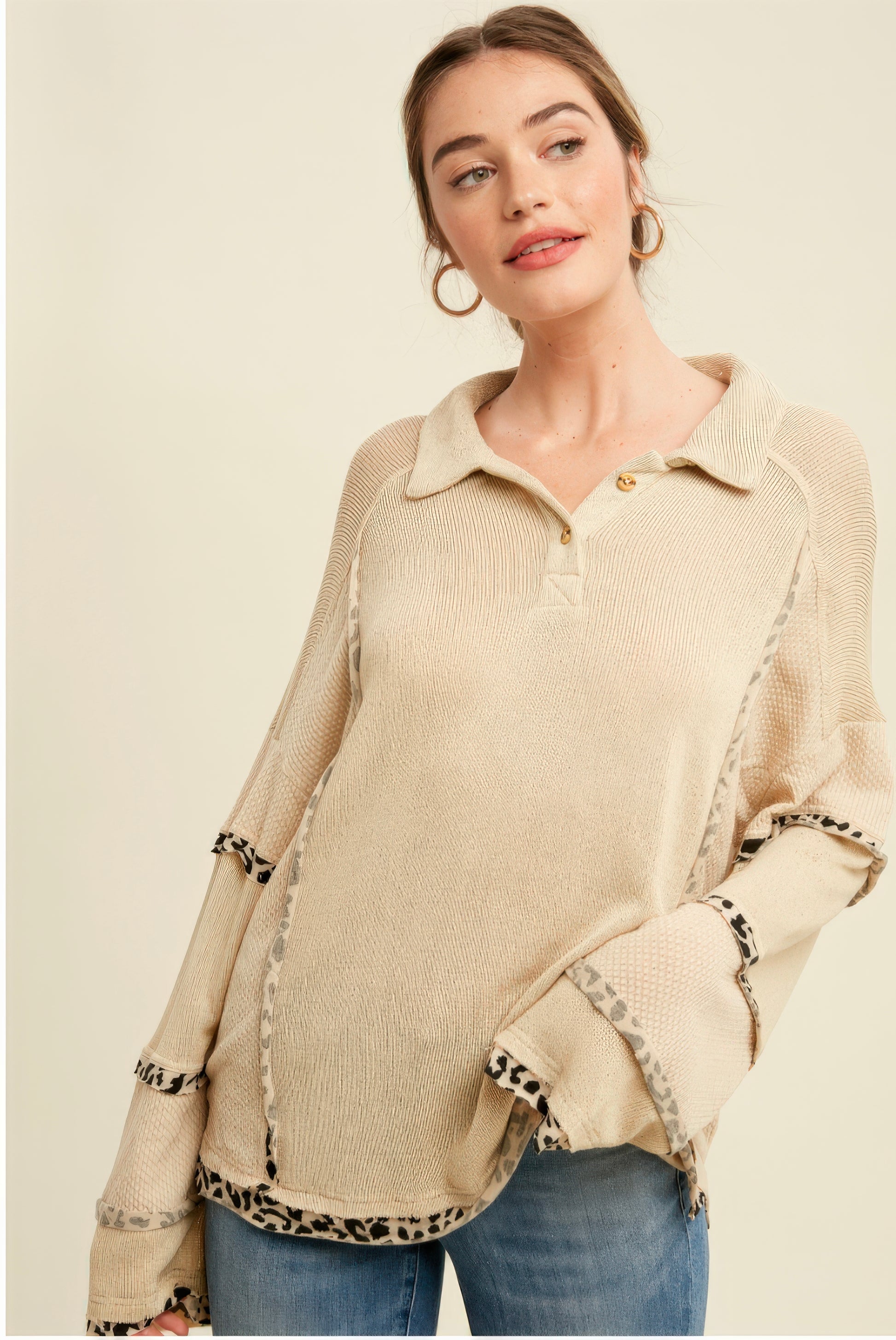Leopard Trim Collared Thermal Top – Beige