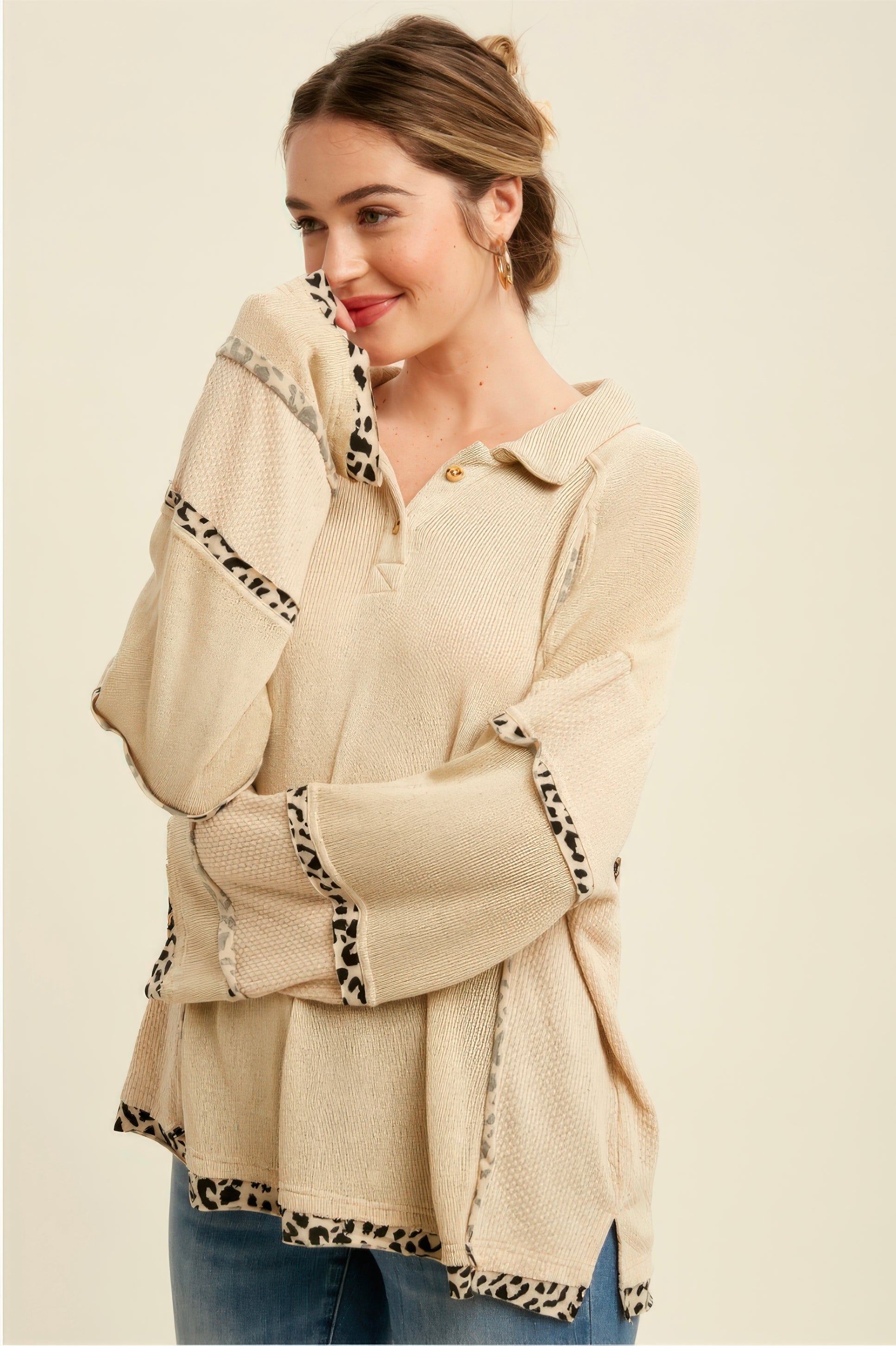 Leopard Trim Collared Thermal Top – Beige