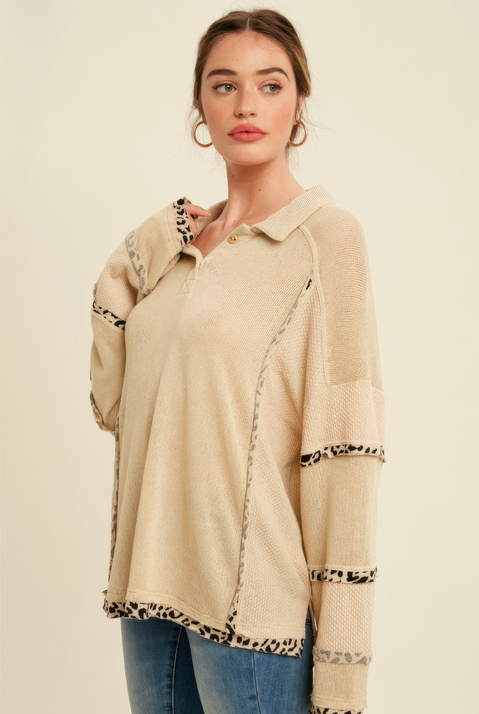 Leopard Trim Collared Thermal Top – Beige