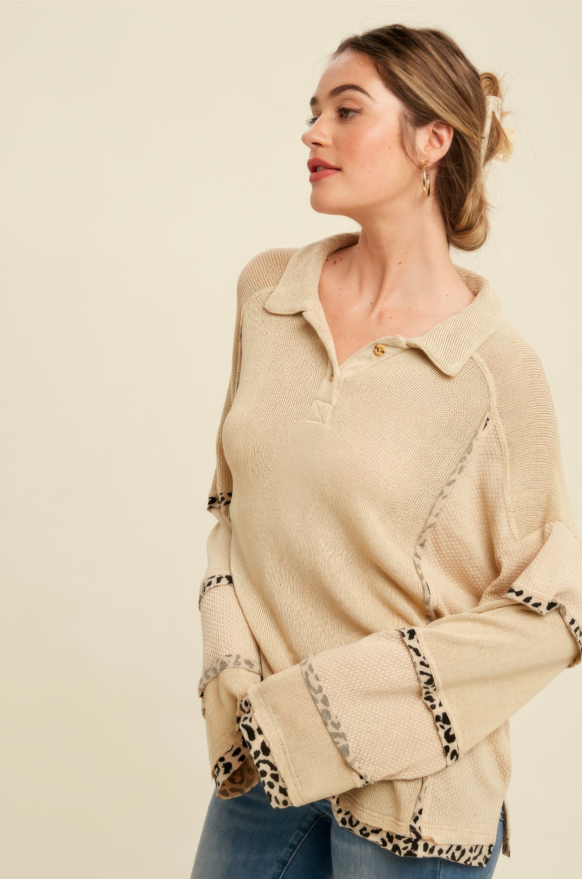 Leopard Trim Collared Thermal Top – Beige
