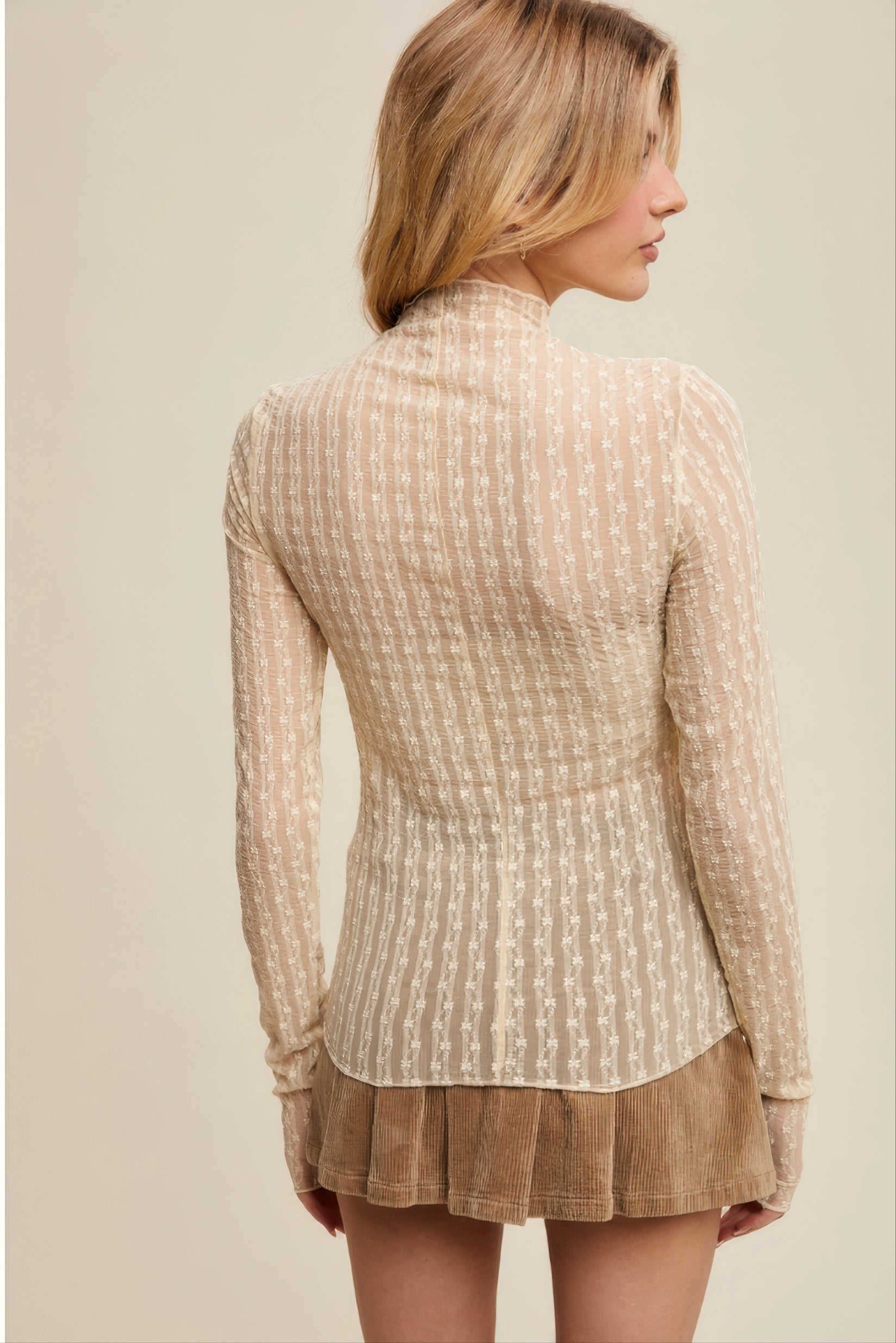 Sheer Textured Lace Long-Sleeve Top – Tan