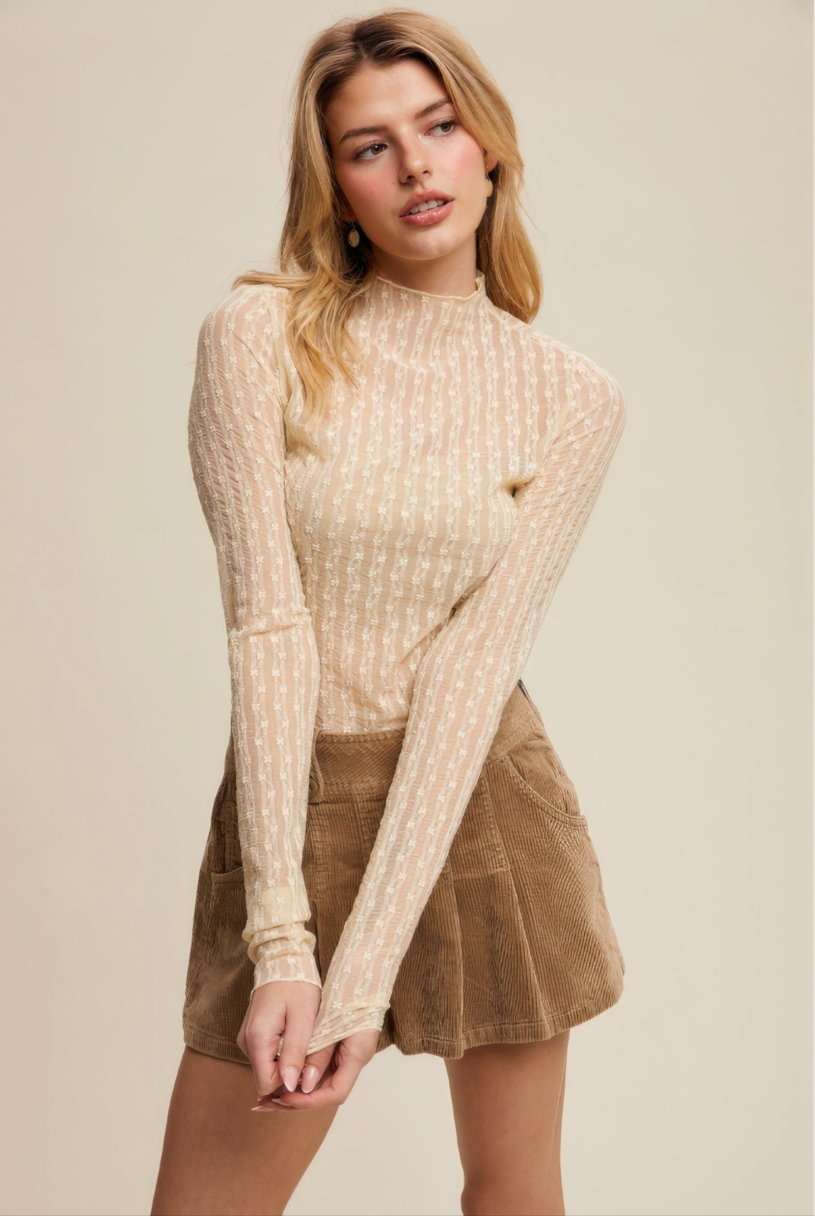 Sheer Textured Lace Long-Sleeve Top – Tan