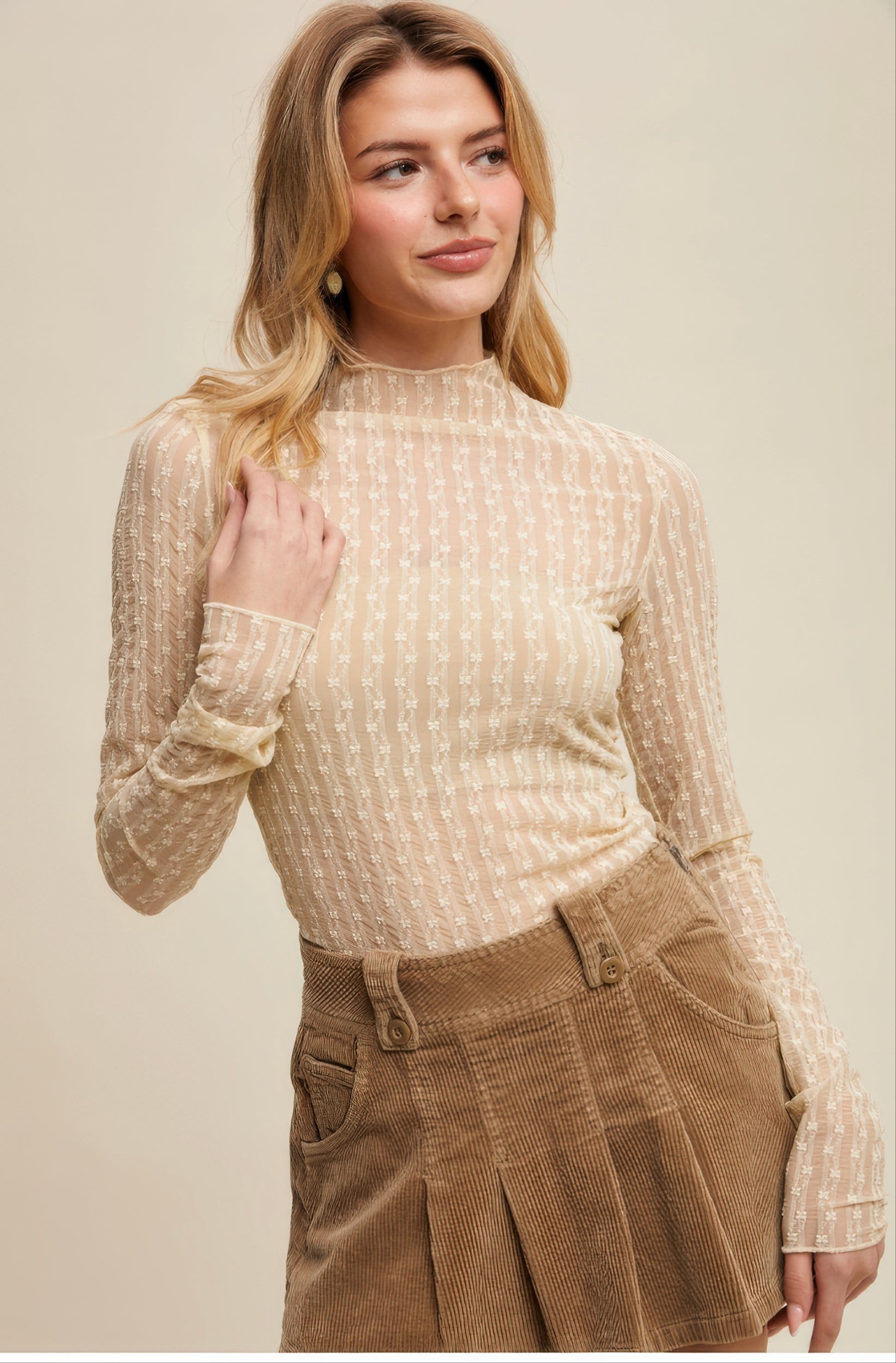 Sheer Textured Lace Long-Sleeve Top – Tan